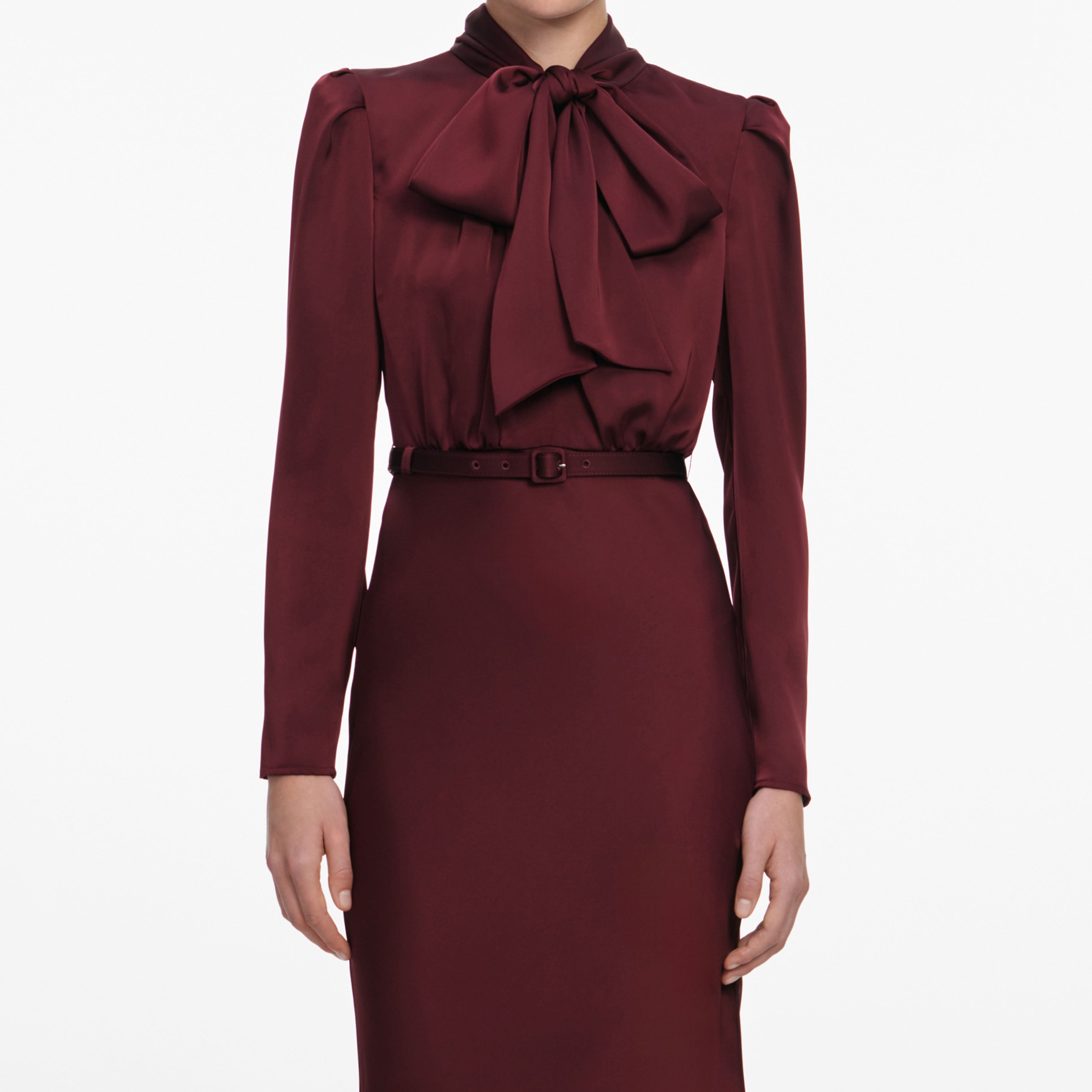 Self Portrait Burgundy Tie Neck Satin Maxi Dress Burgunder UK 8
