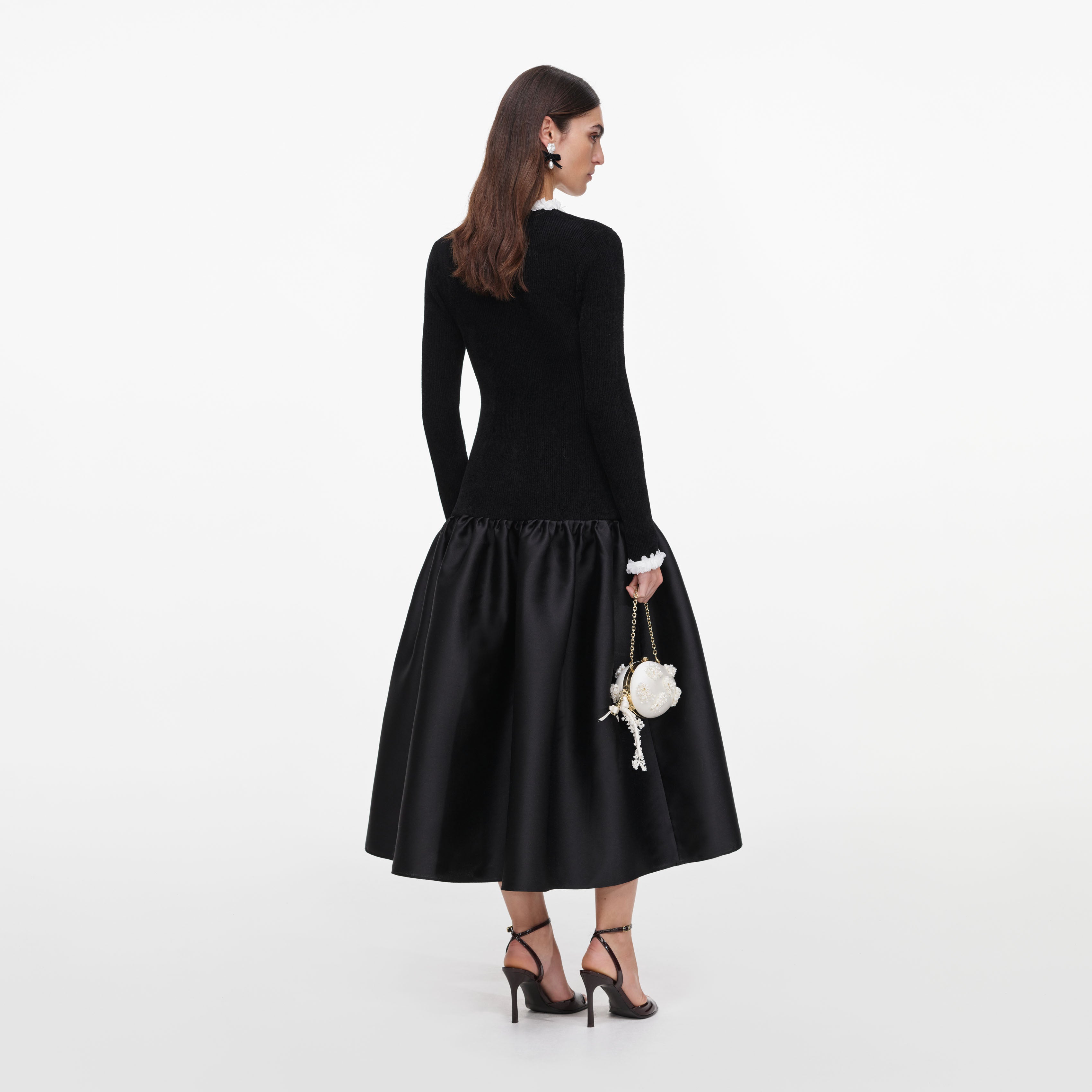 Self Portrait Black Chenille Taffeta Midi Kleid Schwarz