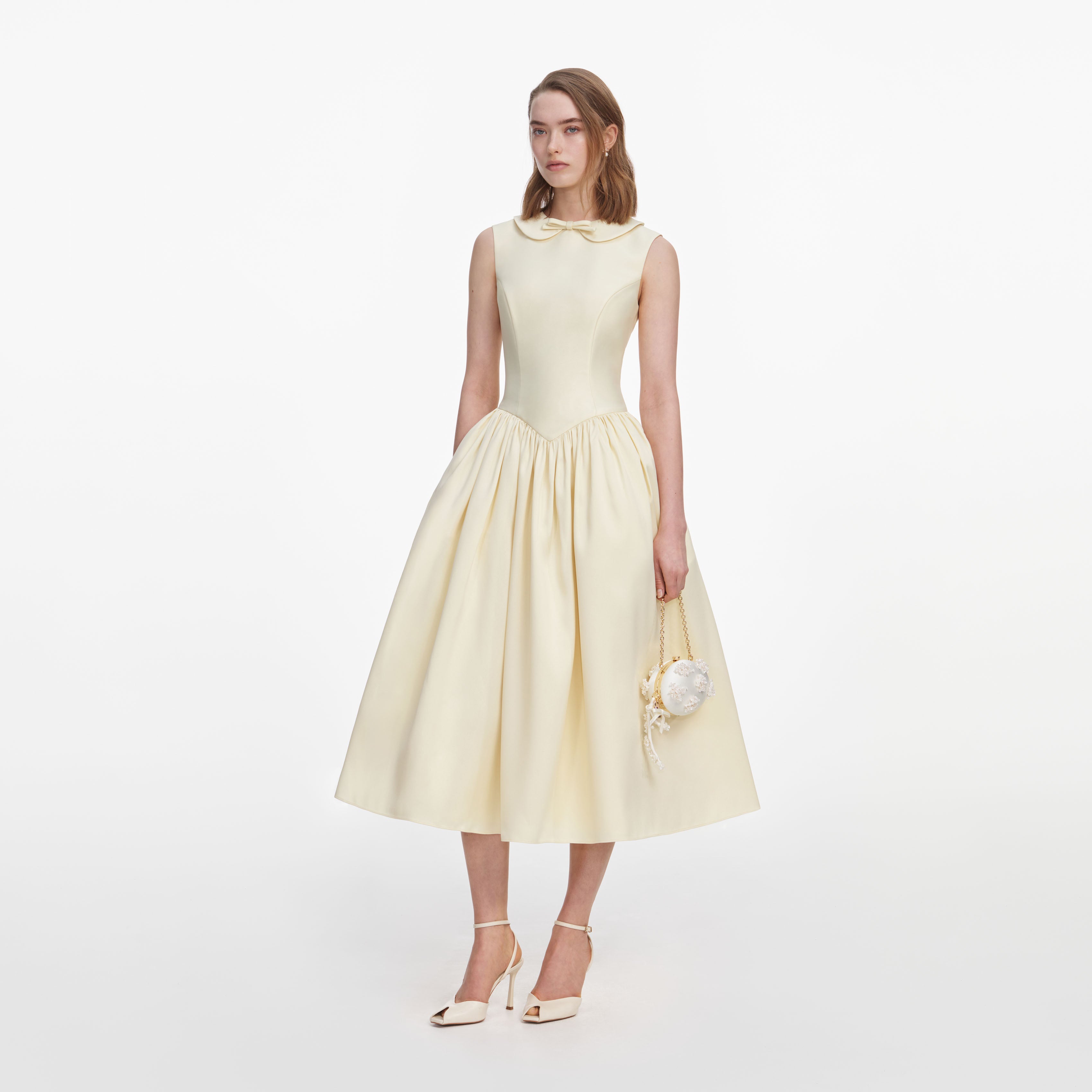 Self Portrait Yellow Taffeta Collared Midi Kleid Gelb Taft