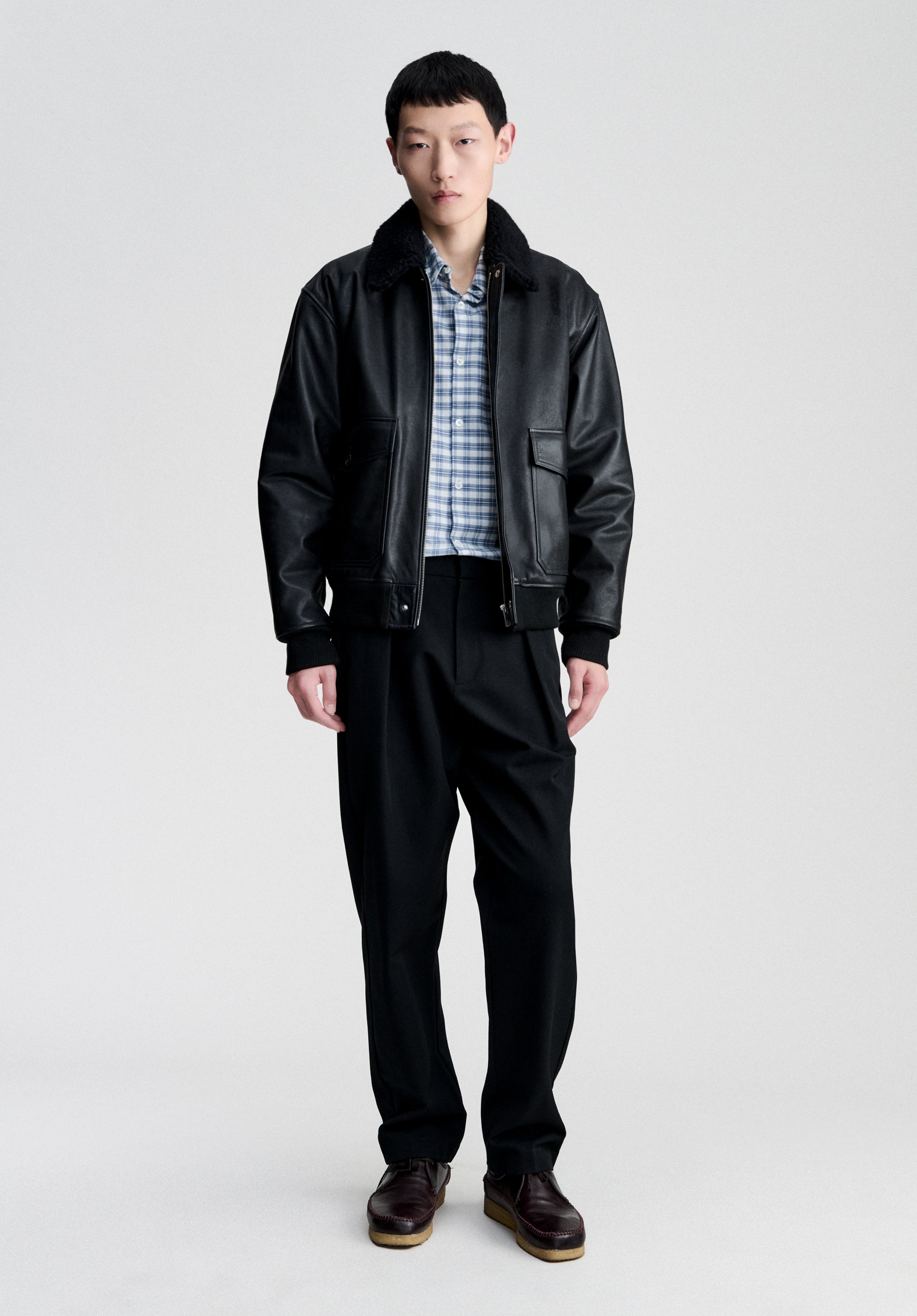 A.P.C. Bomberjacke Leder Schwarz Boxy Recycelte Wolle
