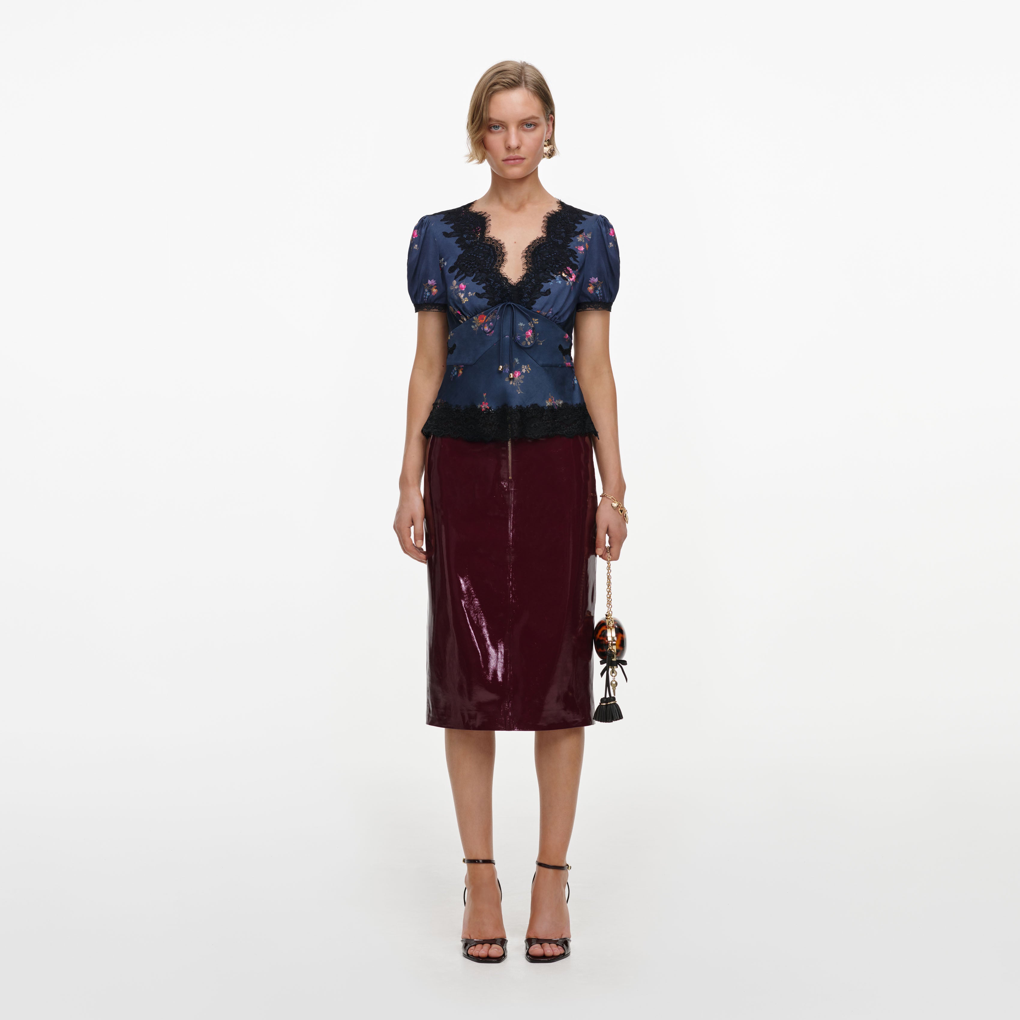 Self Portrait Tops Satin Top Navy Floral Spitze