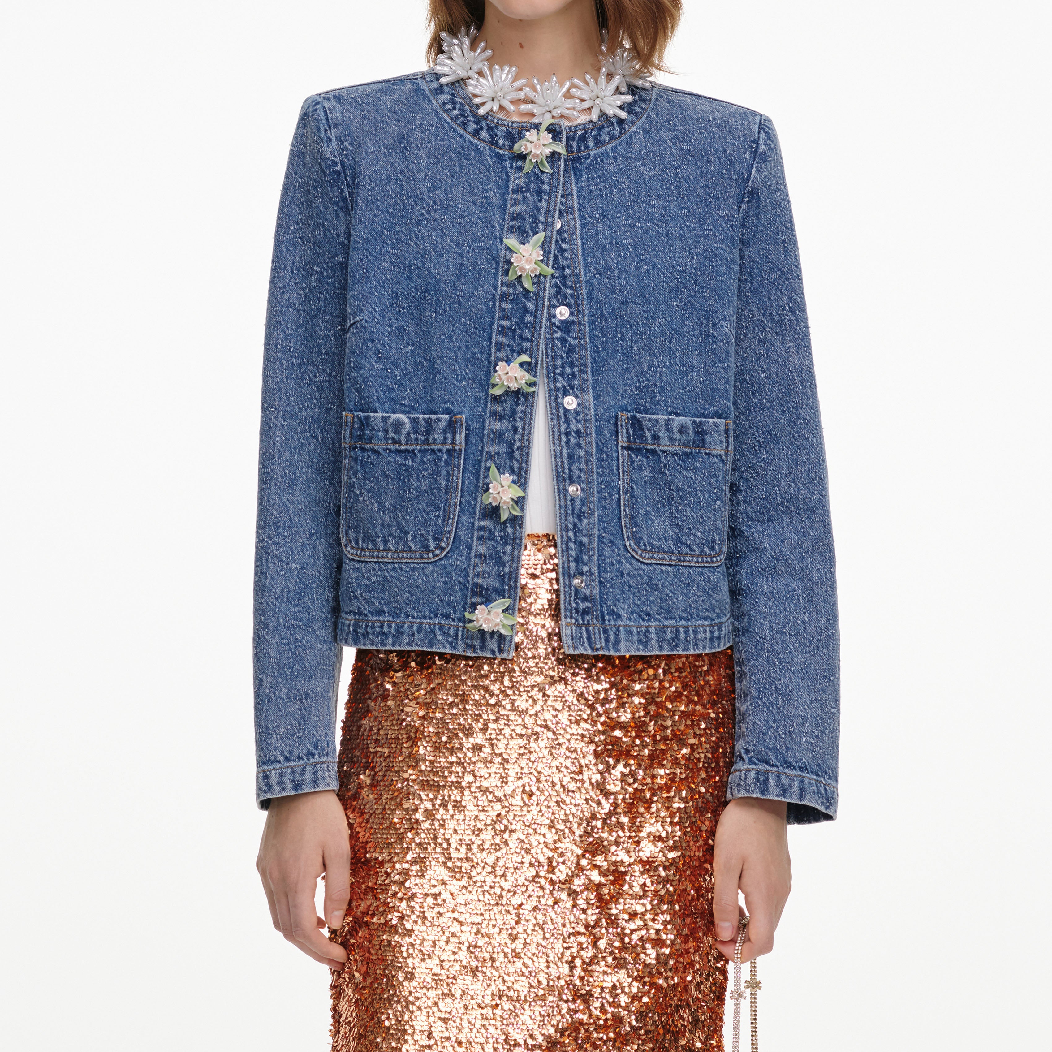 Self Portrait Textured Denim Jacket Jeansjacke blau