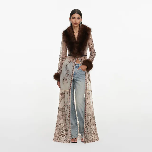 Self Portrait Beige Sequin Fur Maxi Kleid Beige Strass