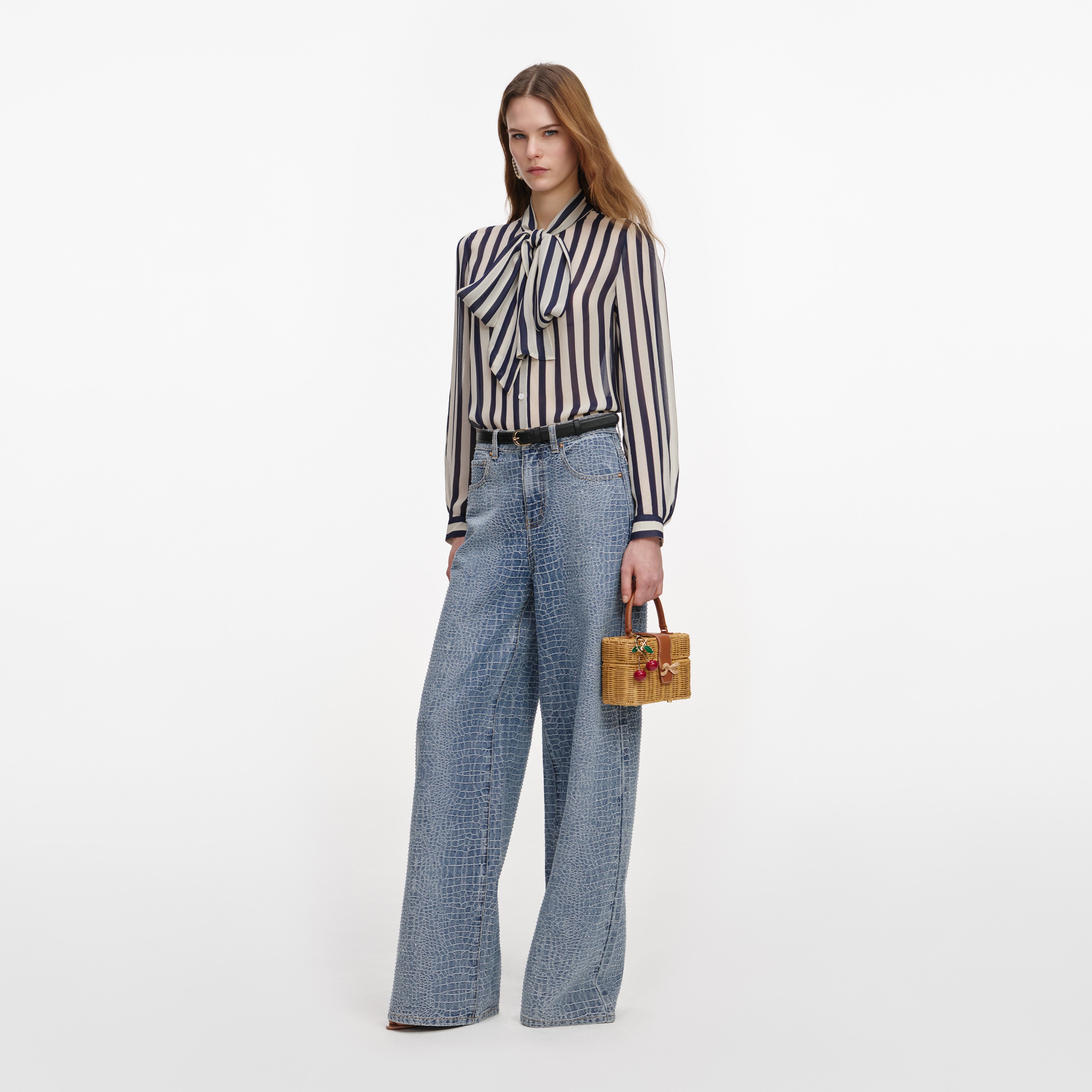 Self Portrait Navy Stripe Tie Neck Bluse Damen Georgette