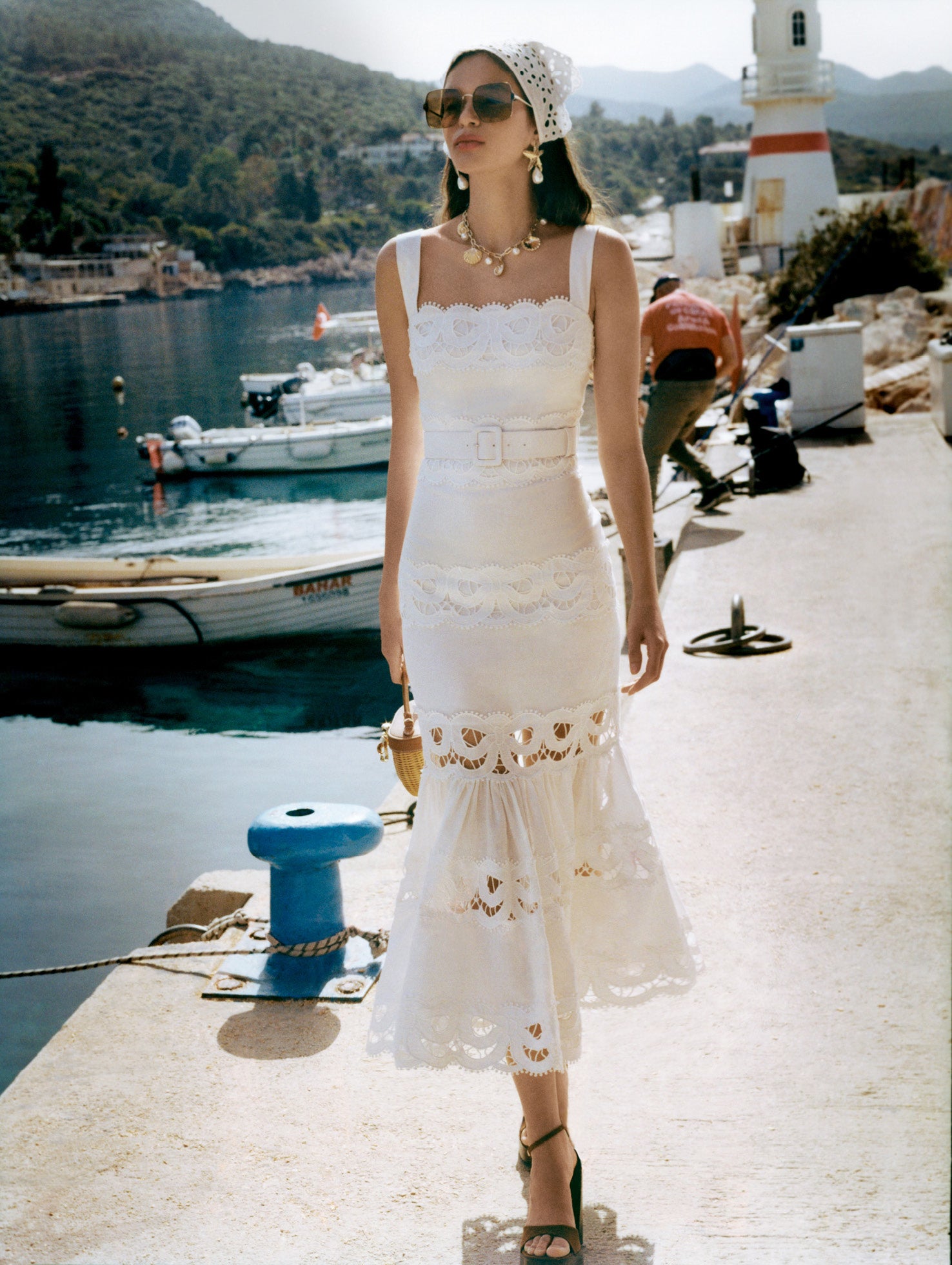 Self-Portrait Dresses Midikleid Weiß Leinen Spitze Gürtel