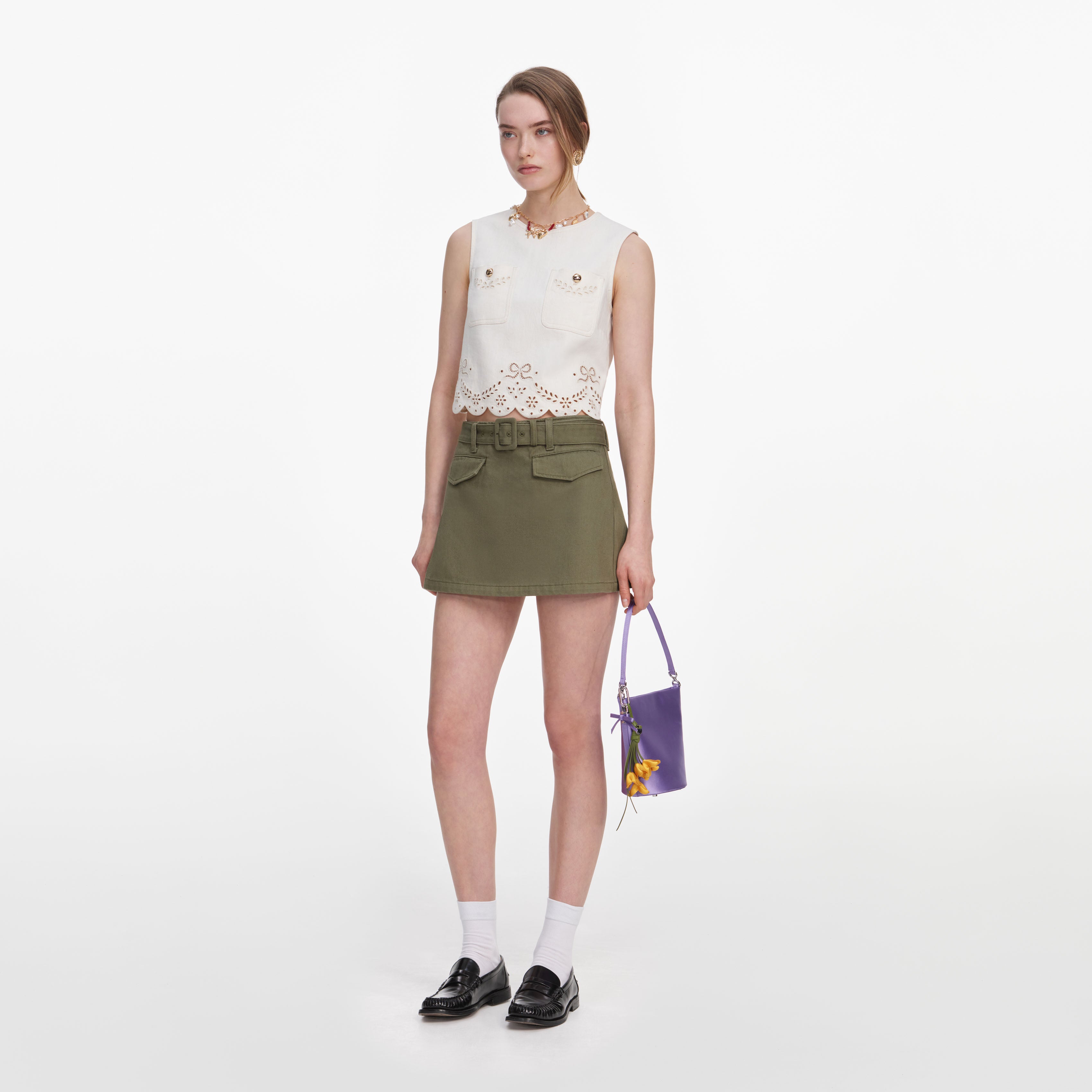 Self Portrait Denim Broderie Denim Top Creme Boxy