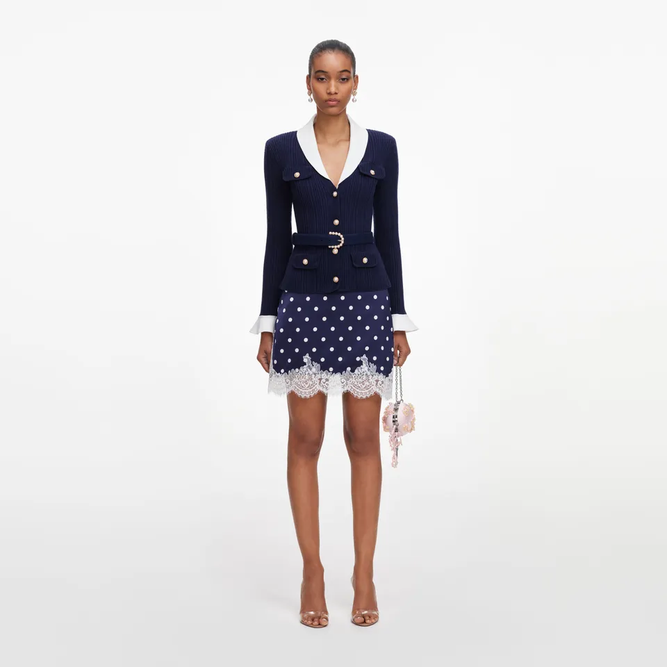 Self Portrait Navy Ribbed Knit Cardigan Strickjacke Blau