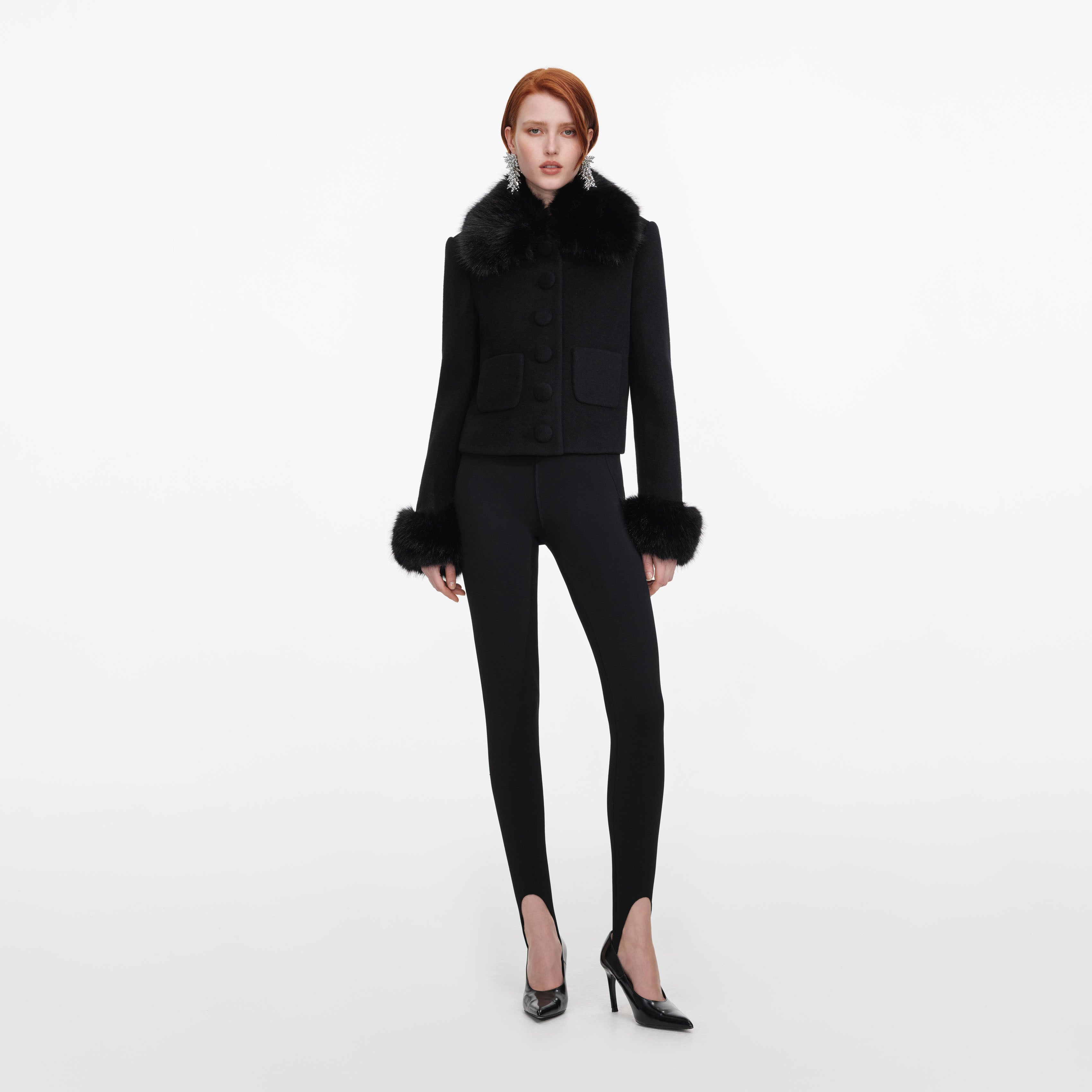 Self Portrait Black Wool Fur Cuff Jacke Schwarz UK 6