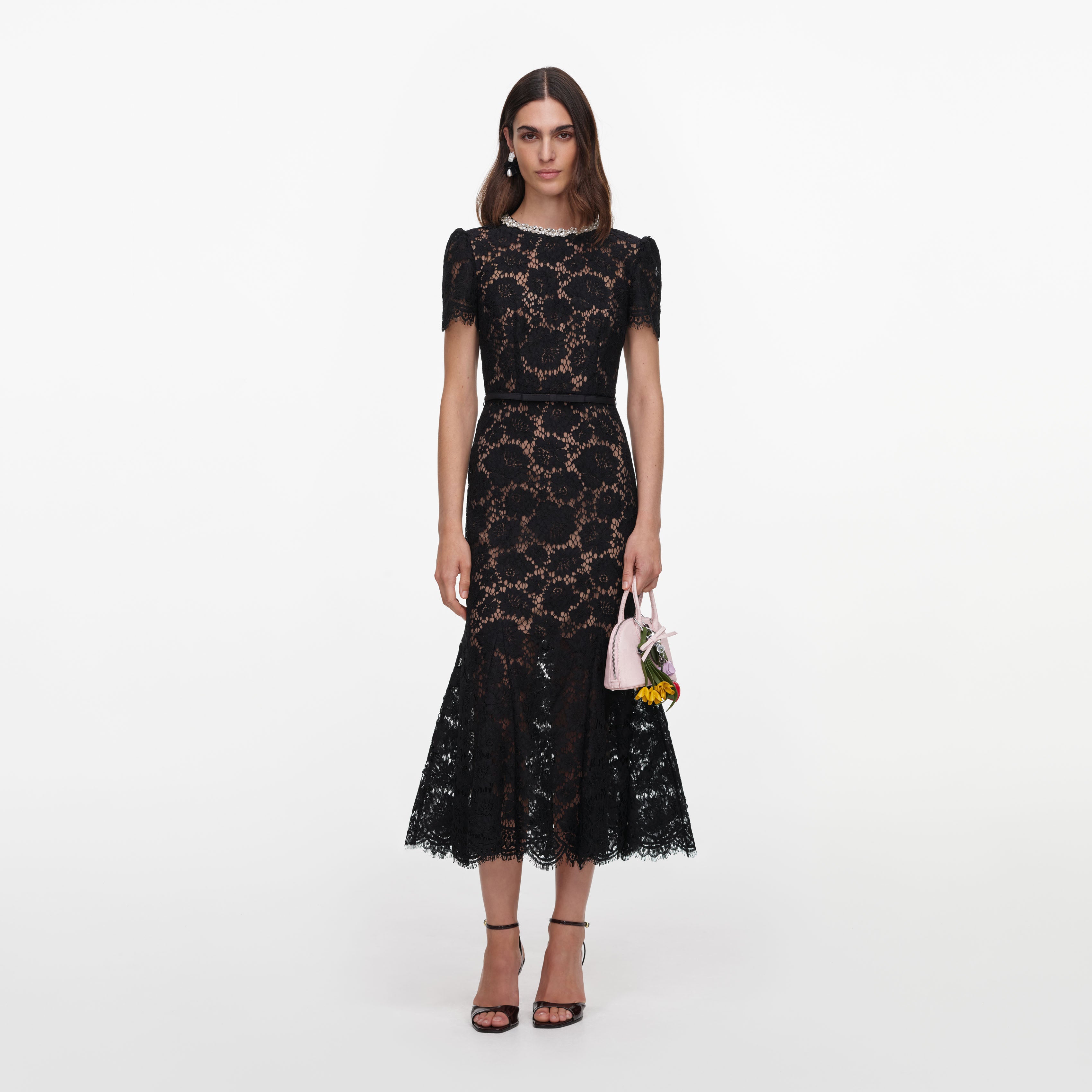Self Portrait Lace Midikleid schwarz Spitze Strass Gürtel