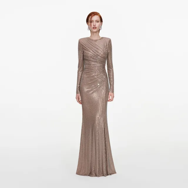 Self Portrait Dresses Tan Rhinestone Gathered Maxikleid Strass
