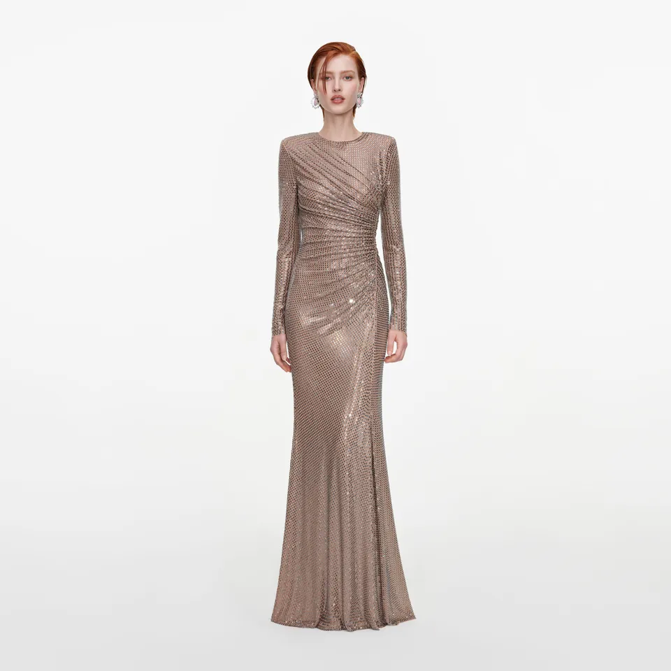 Self Portrait Dresses Tan Rhinestone Gathered Maxikleid Strass