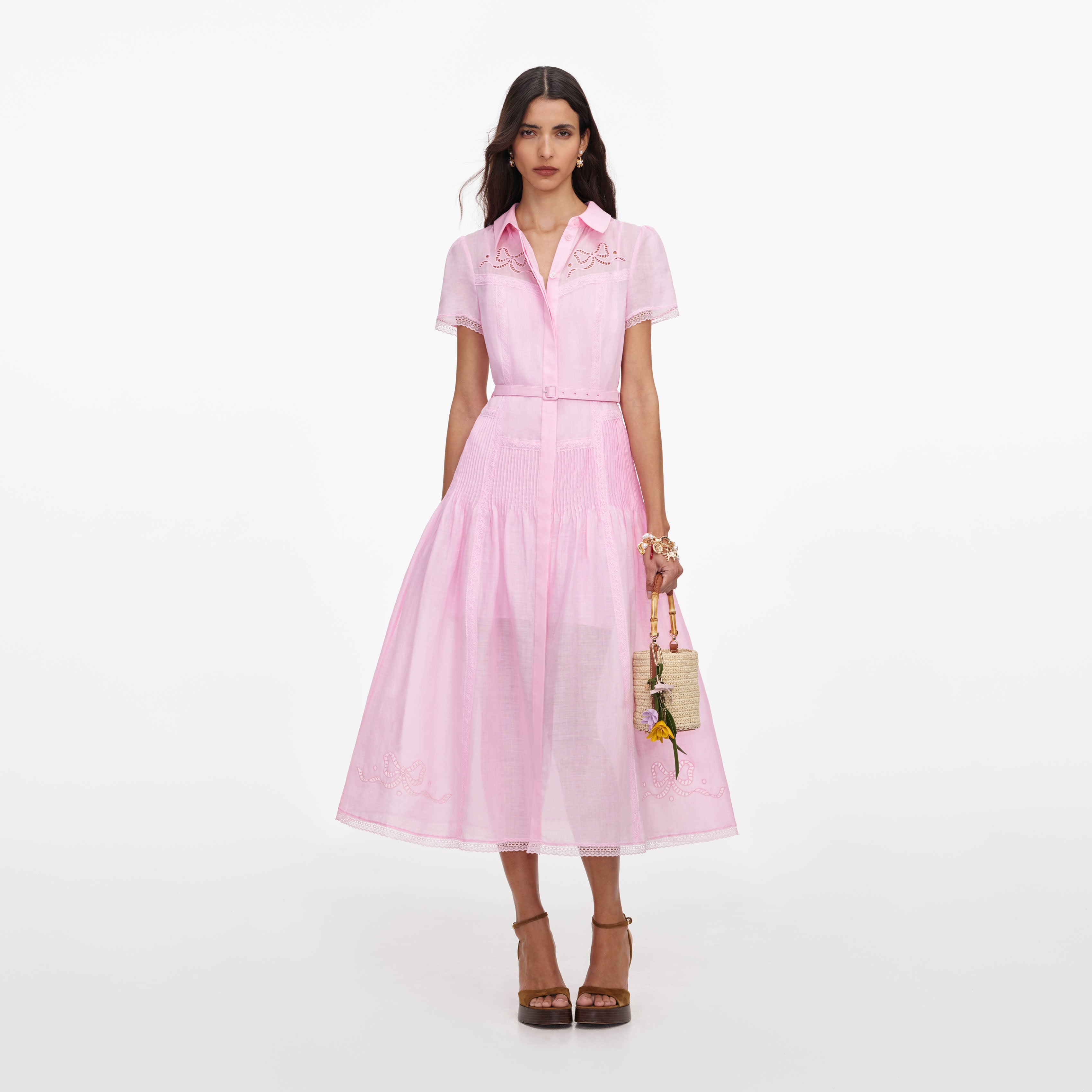 Self Portrait Embroidered Midi Kleid Pink Leinen Stickerei