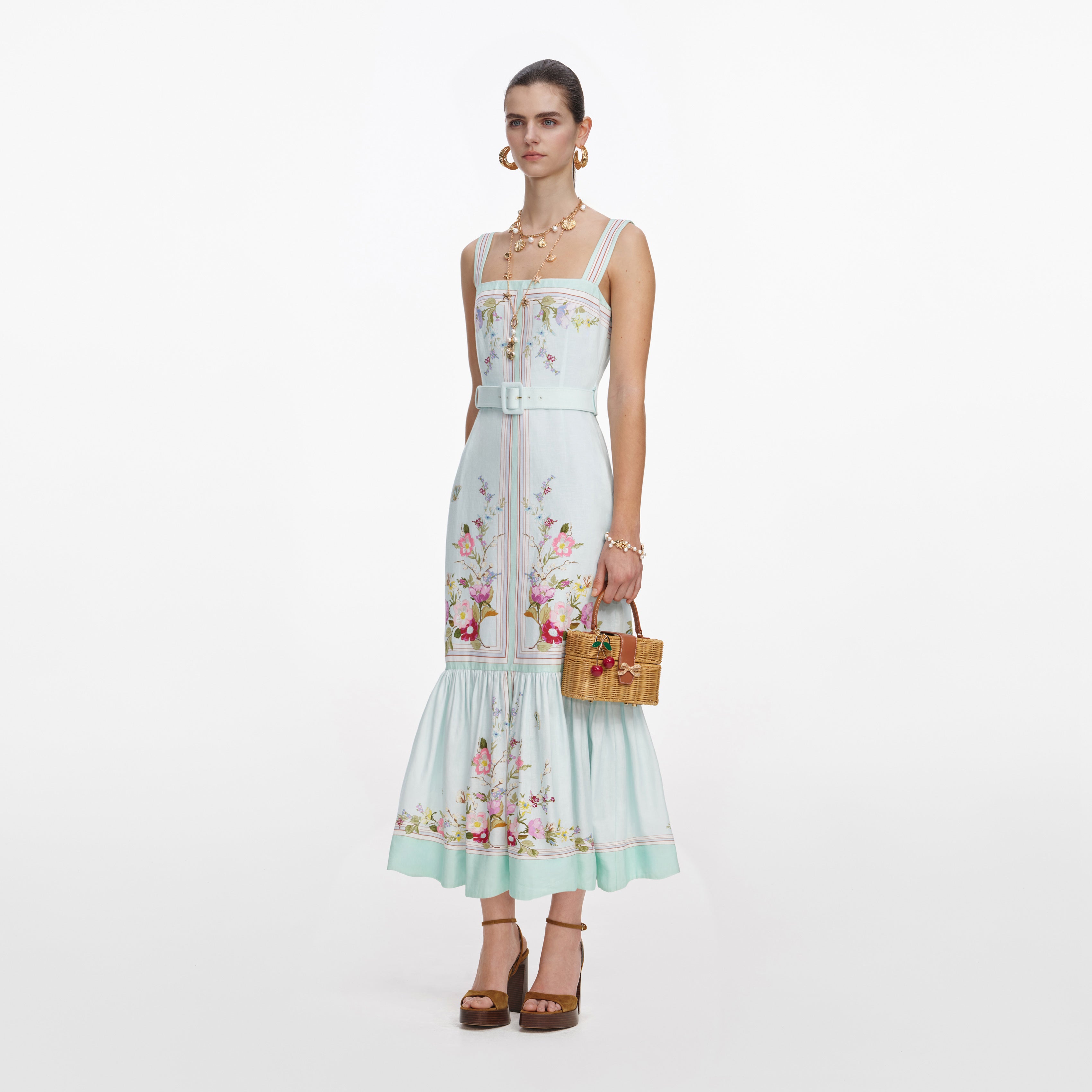 Self Portrait Floral Midi Kleid Mint Leinen Blumen