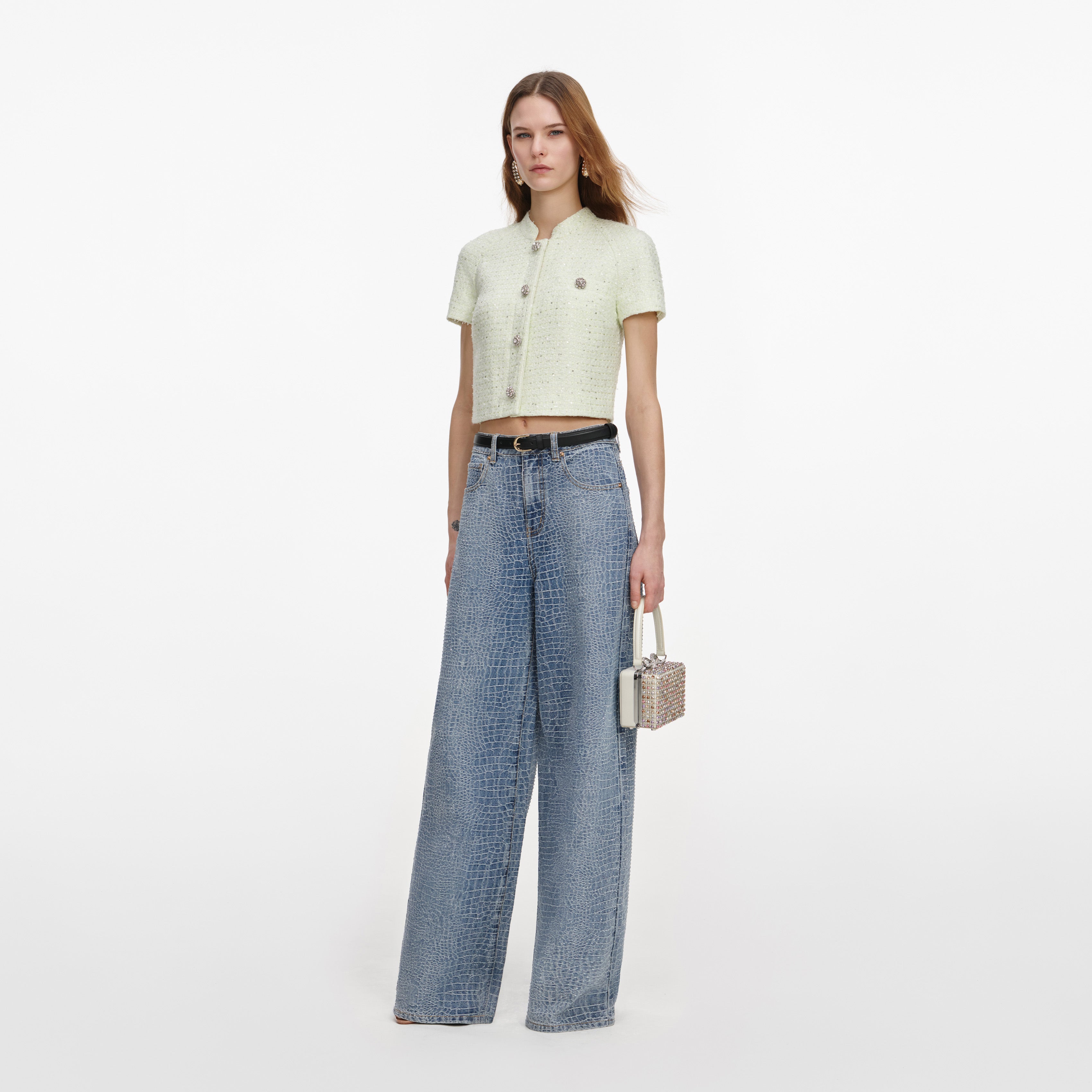 Self Portrait Lime Boucle Top Damen Top Grün UK 8 Bouclé