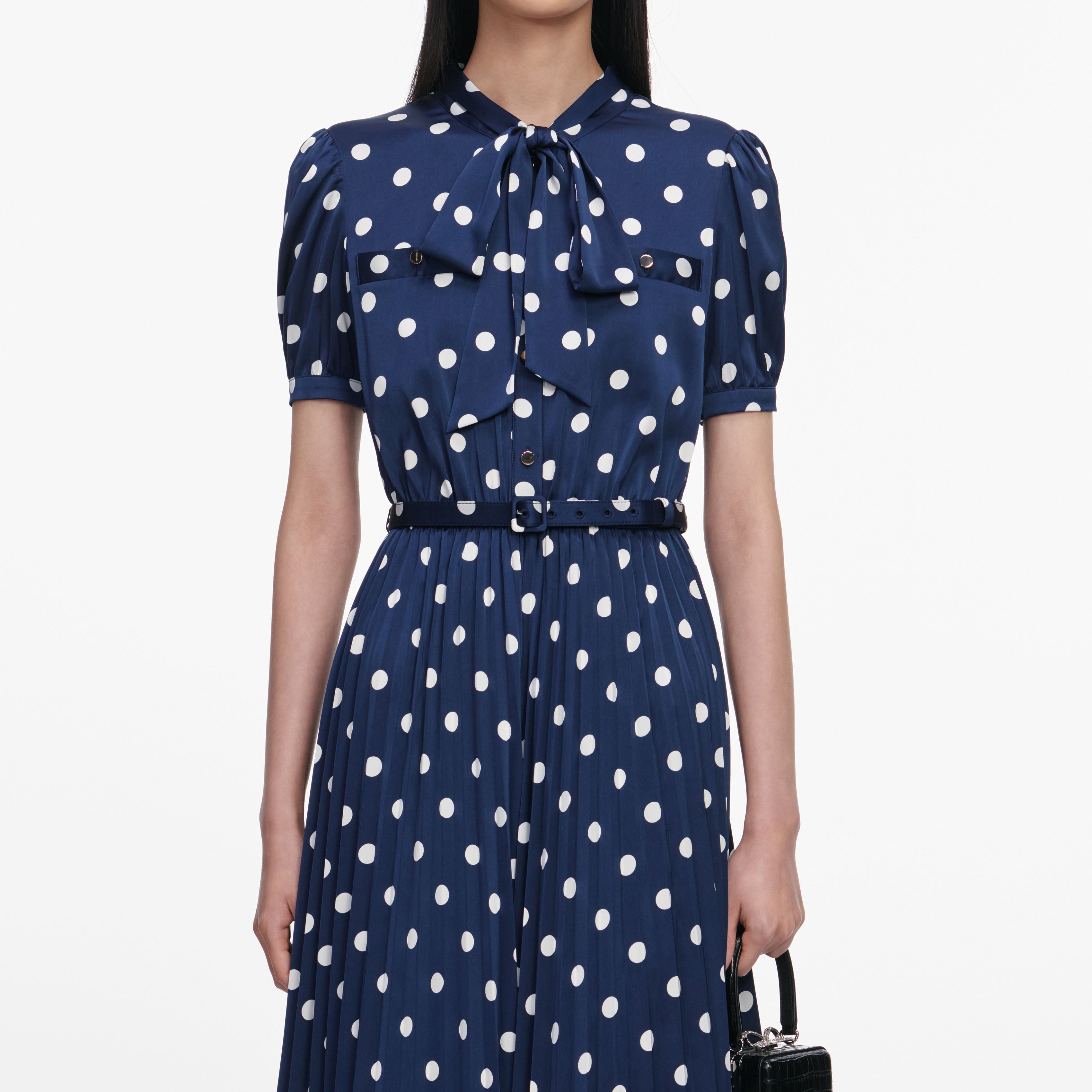 Self Portrait Navy Polka Dot Satin Midi Kleid Navy UK 8 Punkte
