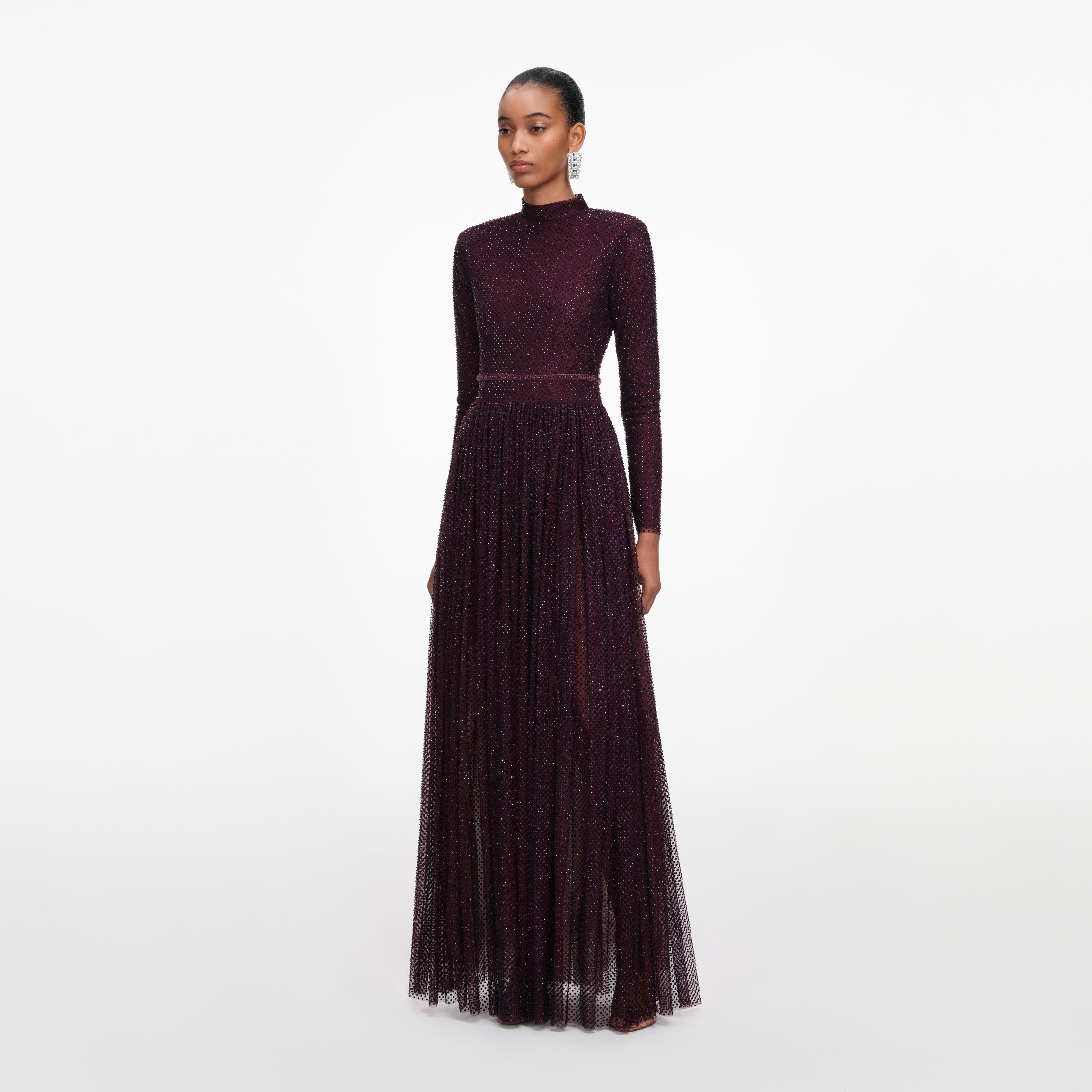 Self Portrait Strass Maxikleid Burgund Langarm Party