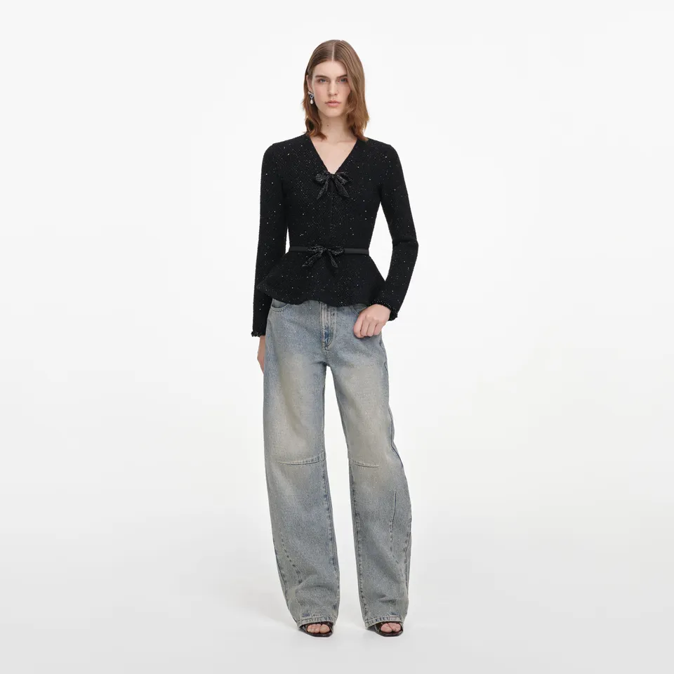 Self Portrait Knitwear Black Sequin Knit Top Schwarz Pailletten