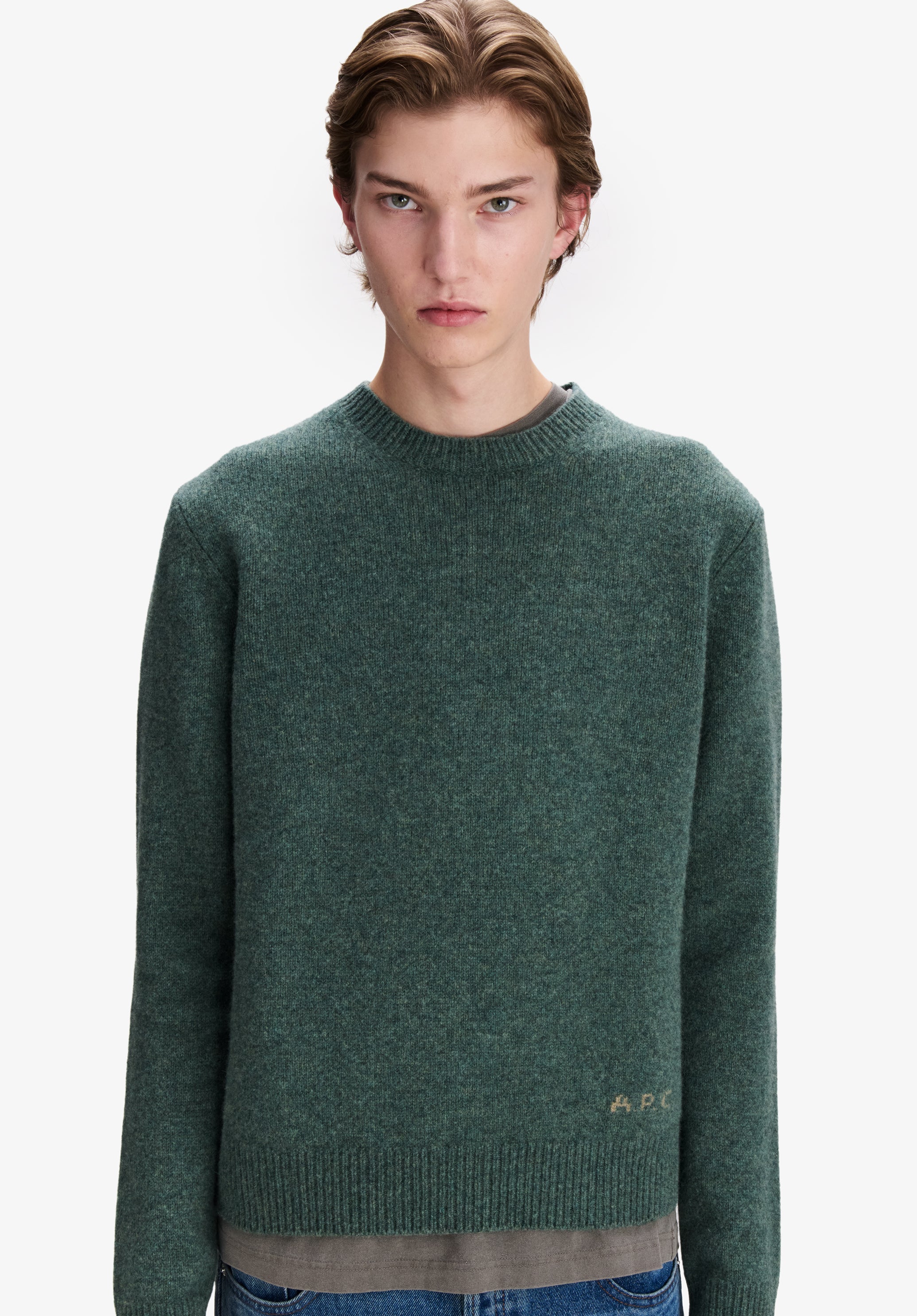 A.P.C. Wollpullover meliert grün Rundhals Wolle