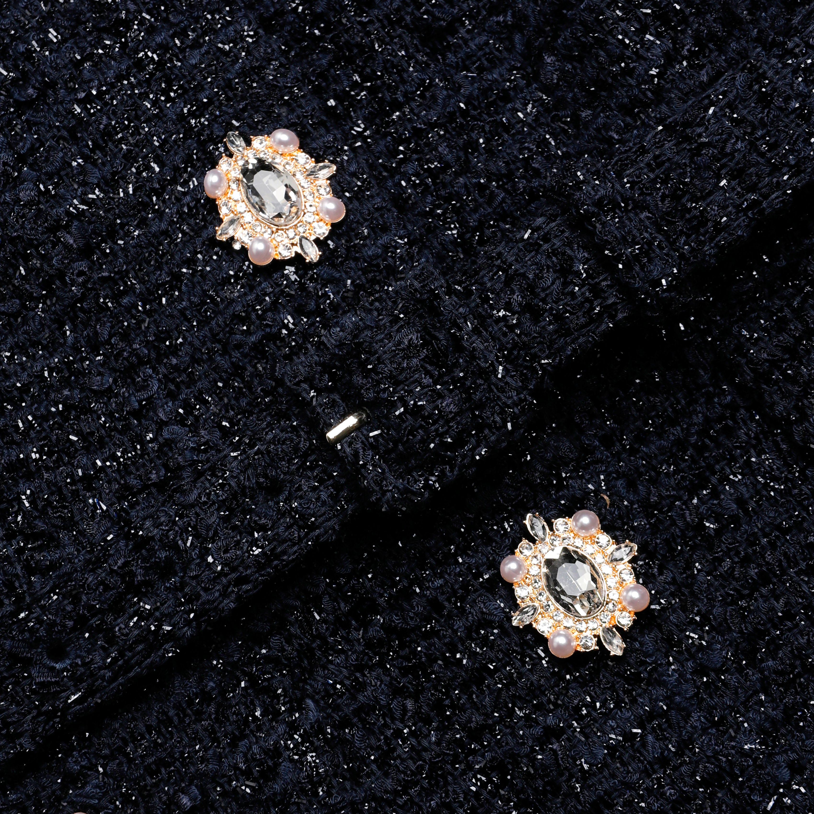 Self Portrait Boucle Midikleid Navy Diamante-Knöpfe Taschen