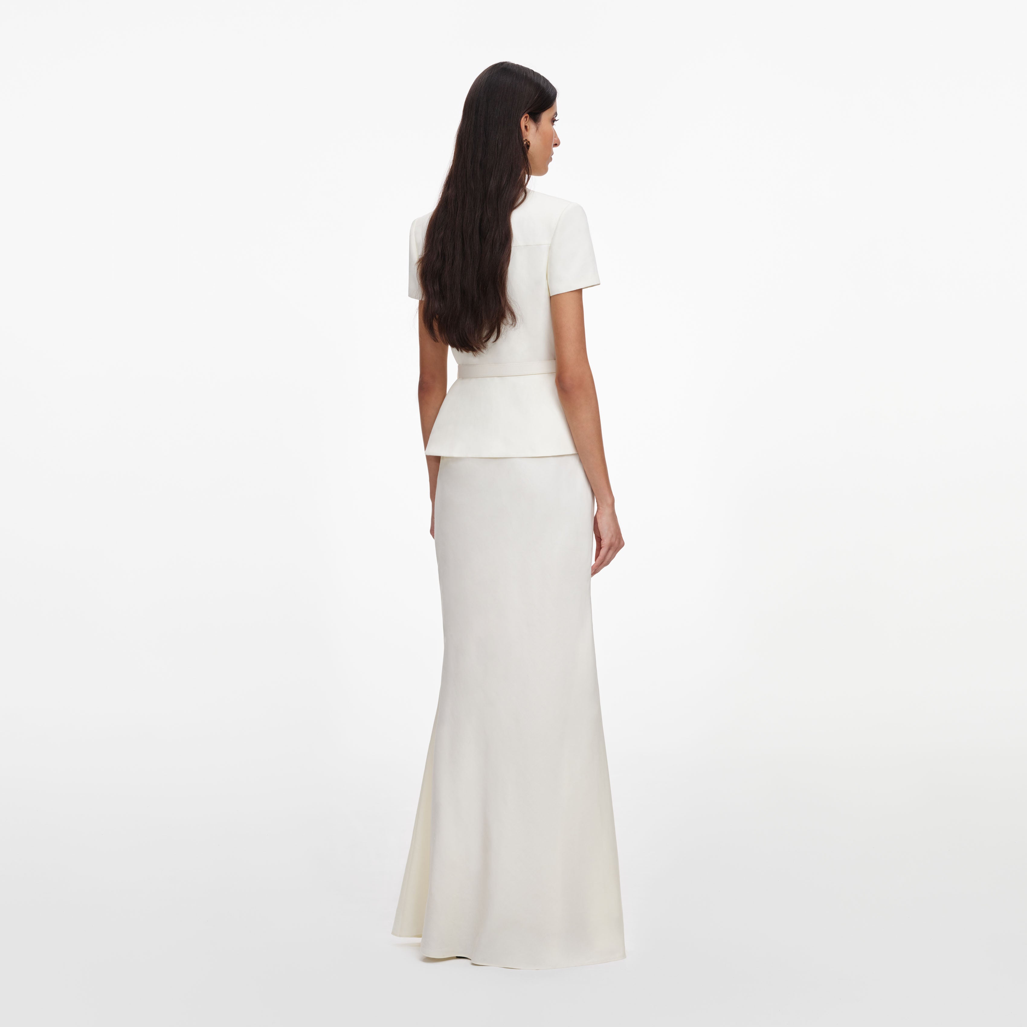 Self Portrait Linen Peplum Maxi Kleid Cream Leinen