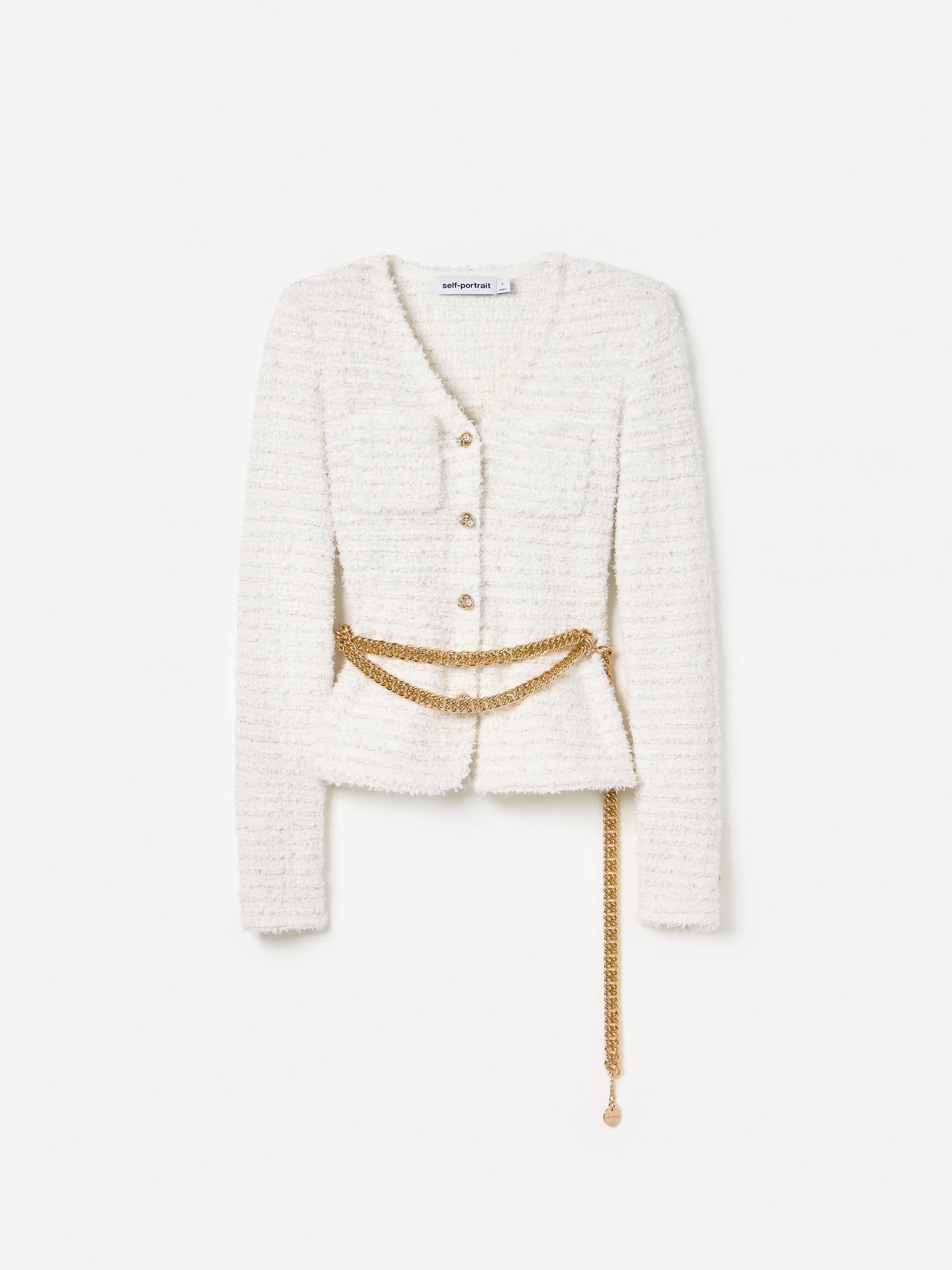 Self Portrait Cream Textured Knit Cardigan Creme S