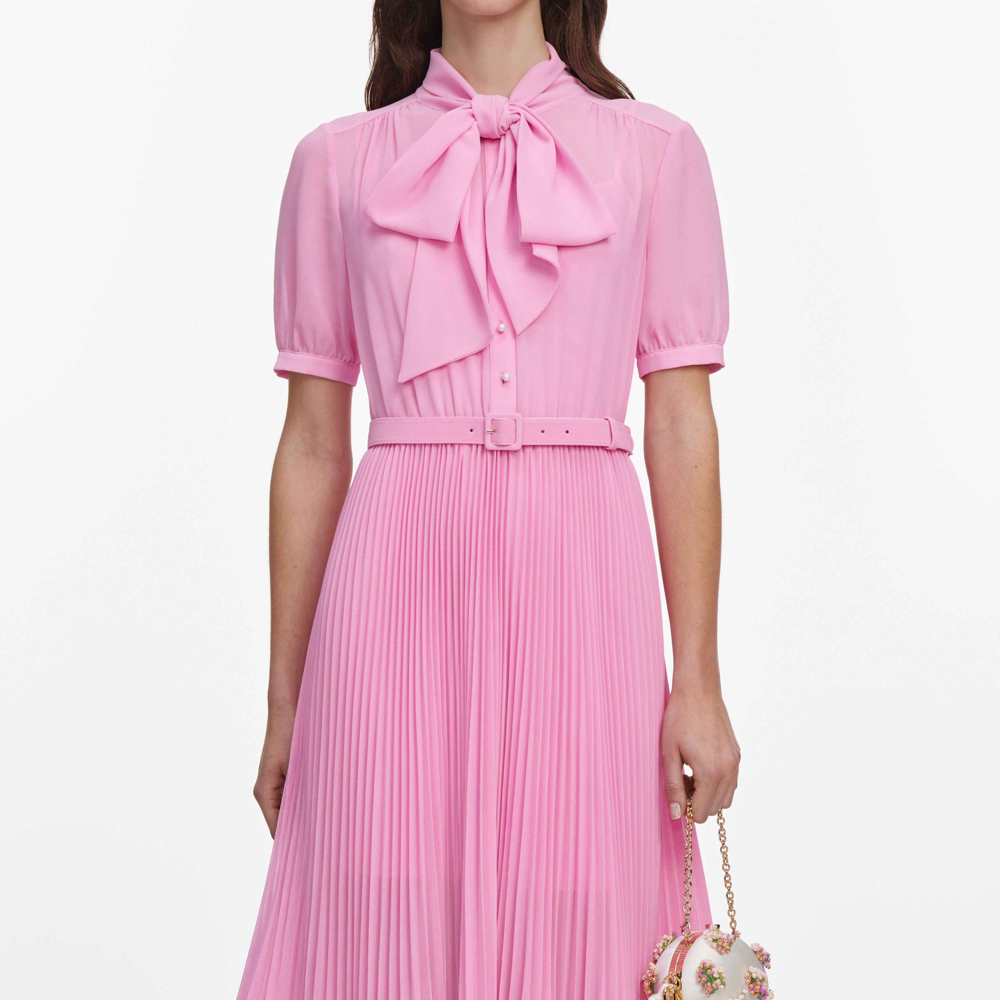 Self Portrait Pink Georgette Tie Neck Midi Kleid Rosa UK 6
