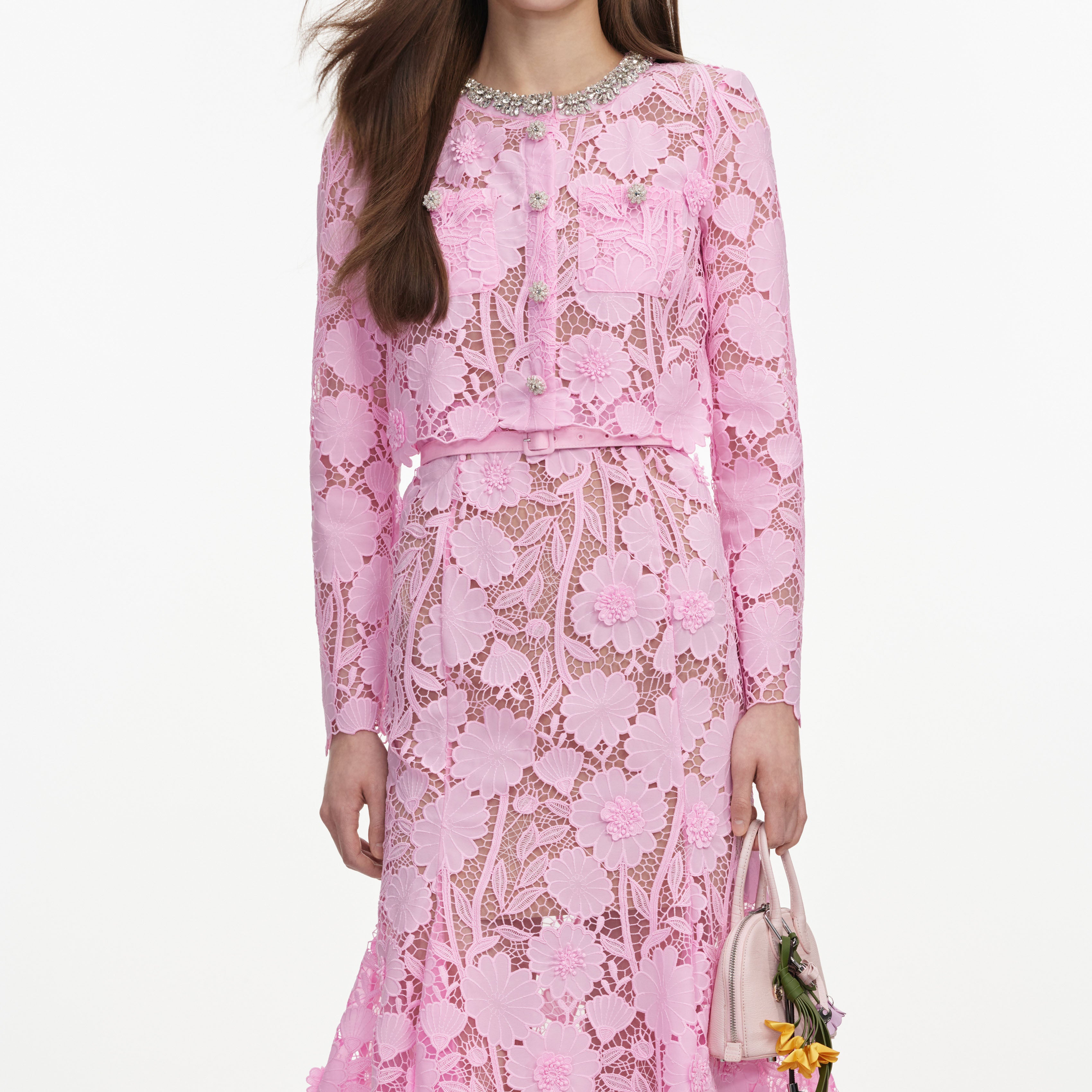Self Portrait Pink Lace Crystal Midi Kleid Rosa Spitze Kristall