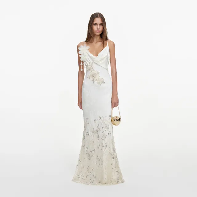 Self Portrait Cream Embellished Floral Maxi Kleid Creme