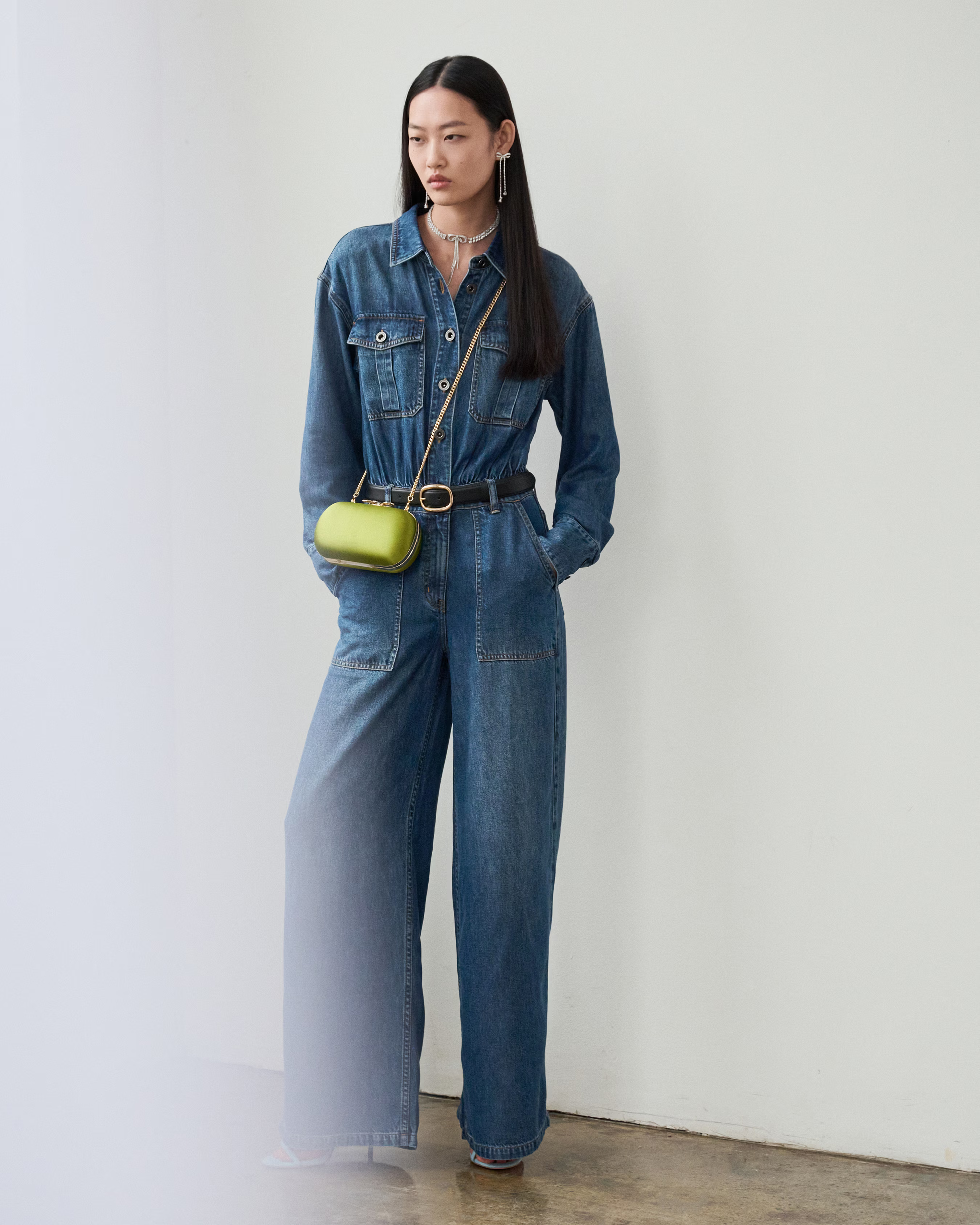 Self-Portrait Denim Relaxed Fit Jumpsuit Denim-Overall Blau