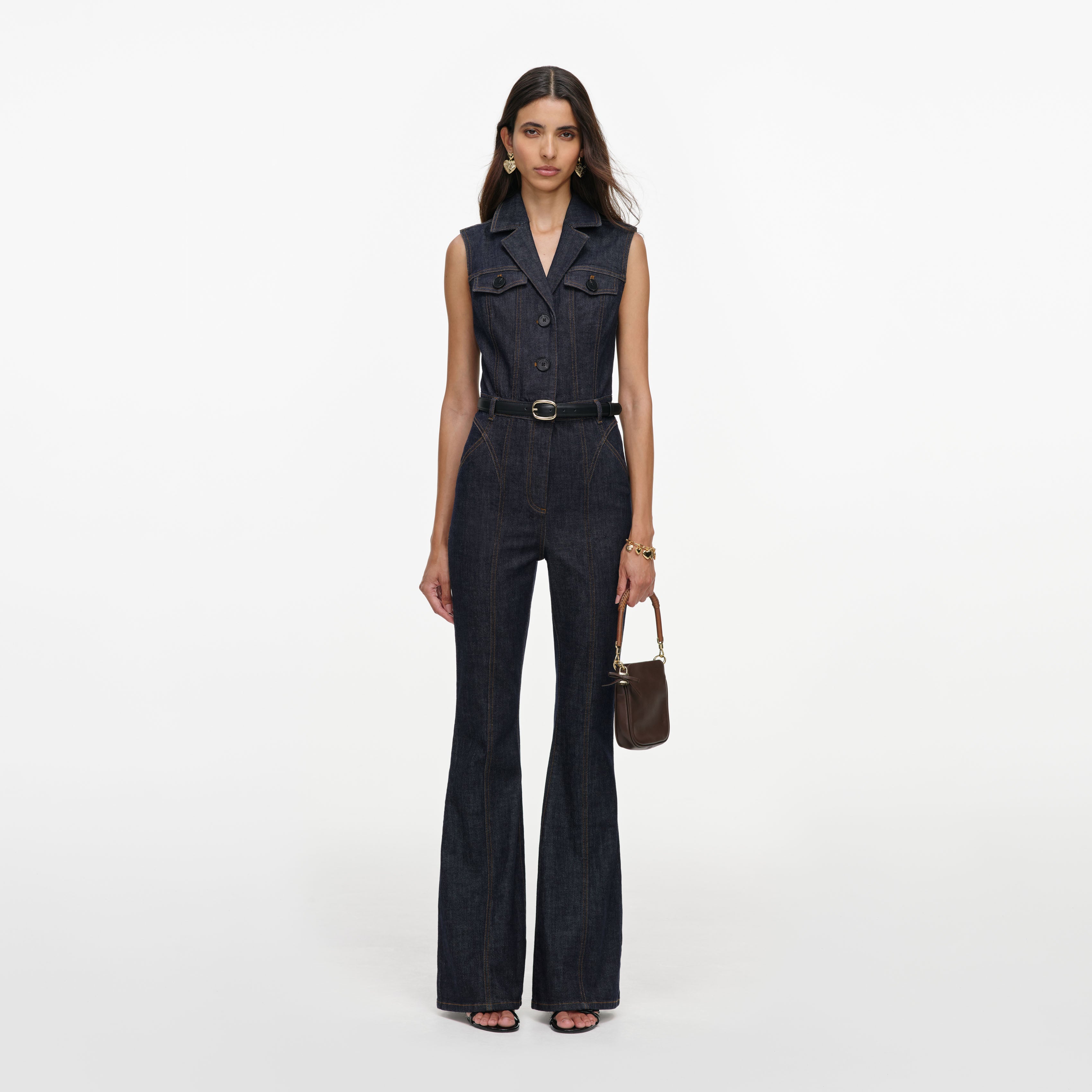 Self Portrait Denim Indigo Belted Denim Jumpsuit Overall UK 8