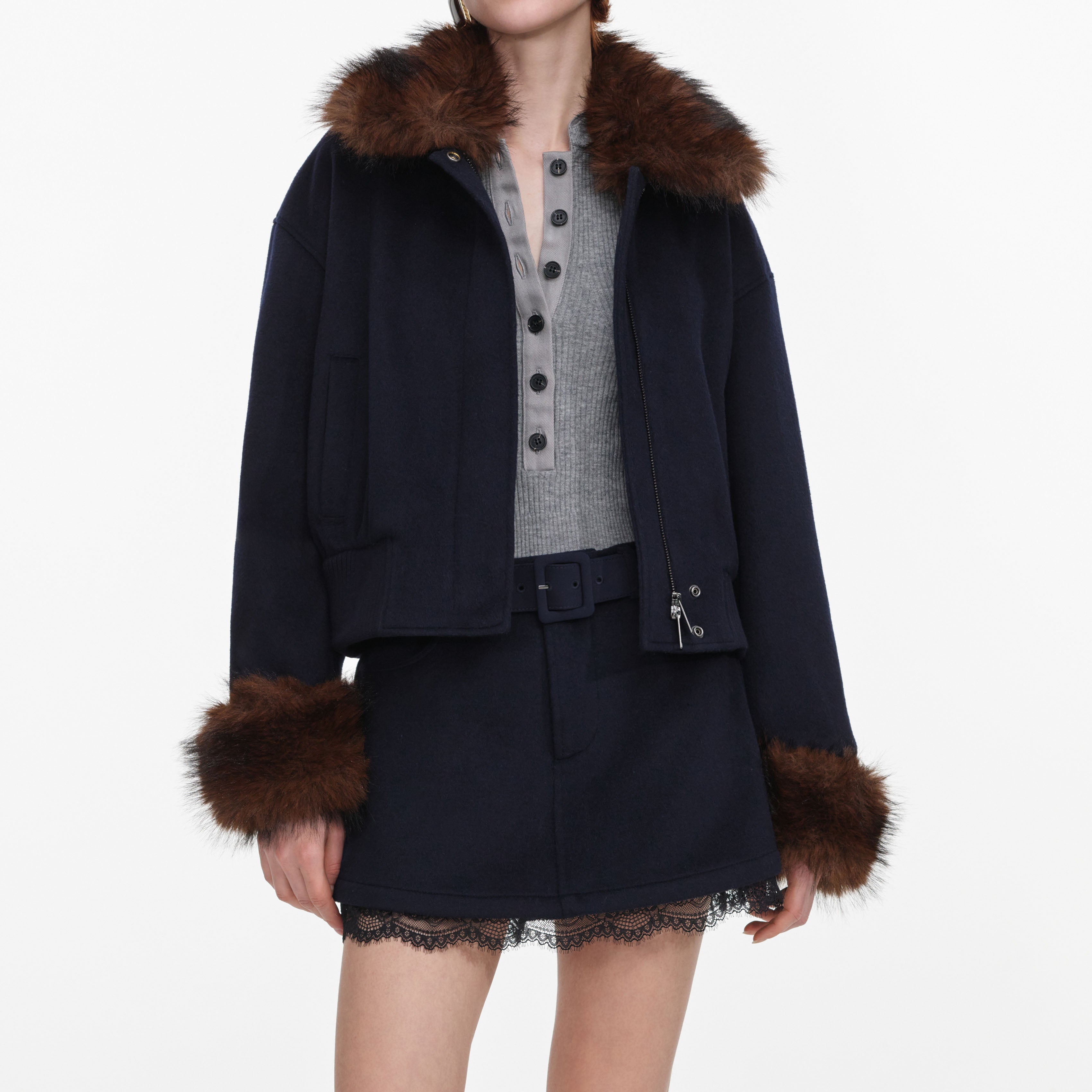 Self Portrait Navy Wool Fur Trim Jacket Jacke Blau Wolle