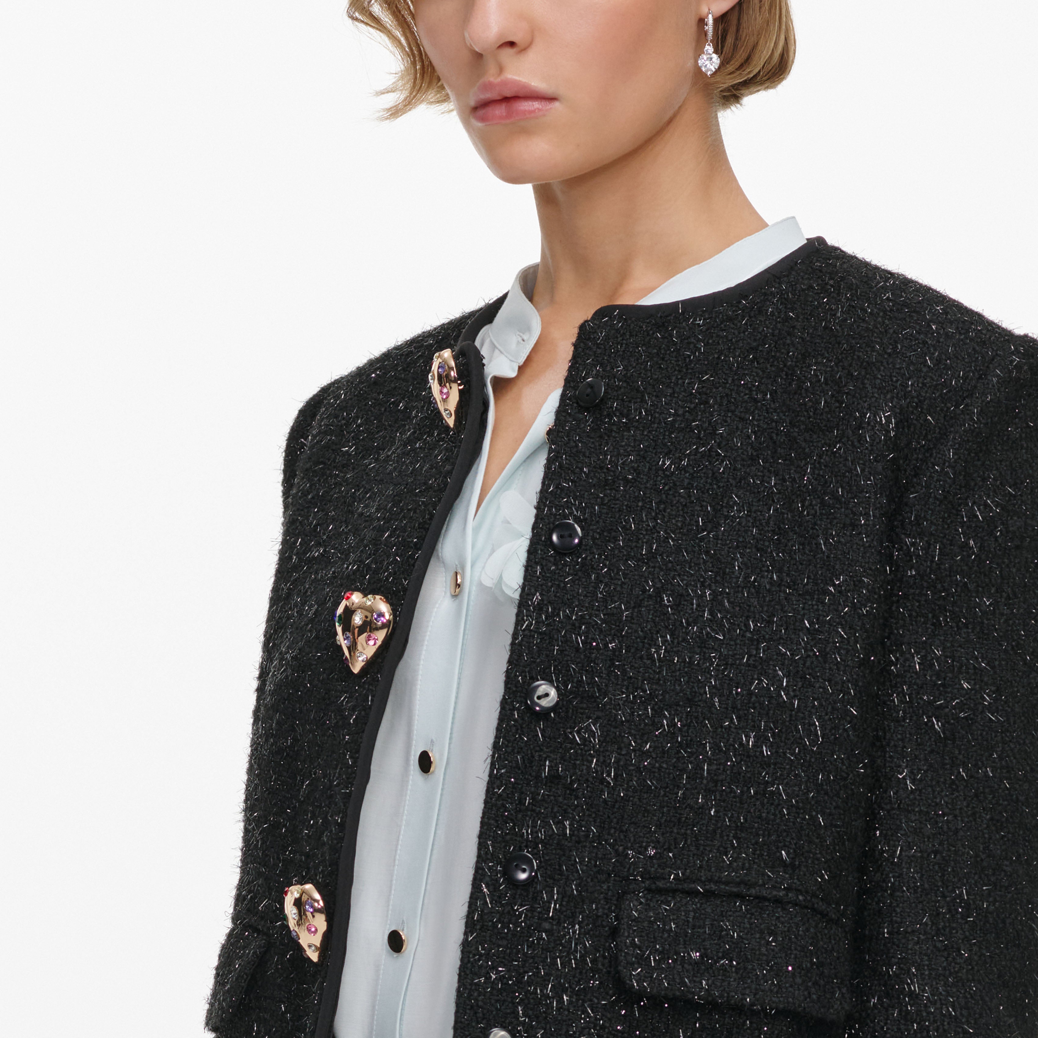 Self-Portrait Black Metallic Boucle Fur Cuff Jacke Schwarz