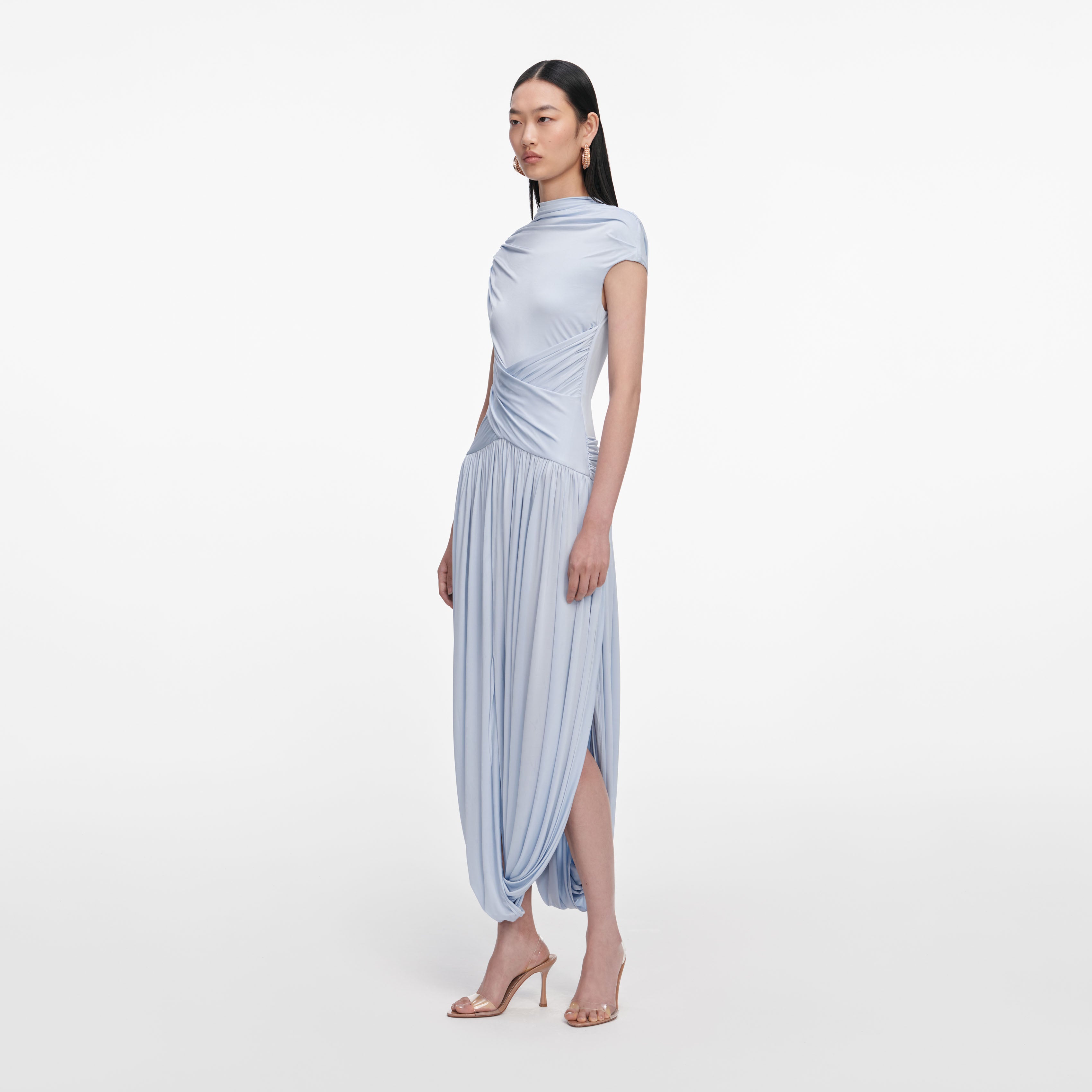 Self Portrait Blue Jersey Gathered Midi Kleid Blau Jersey