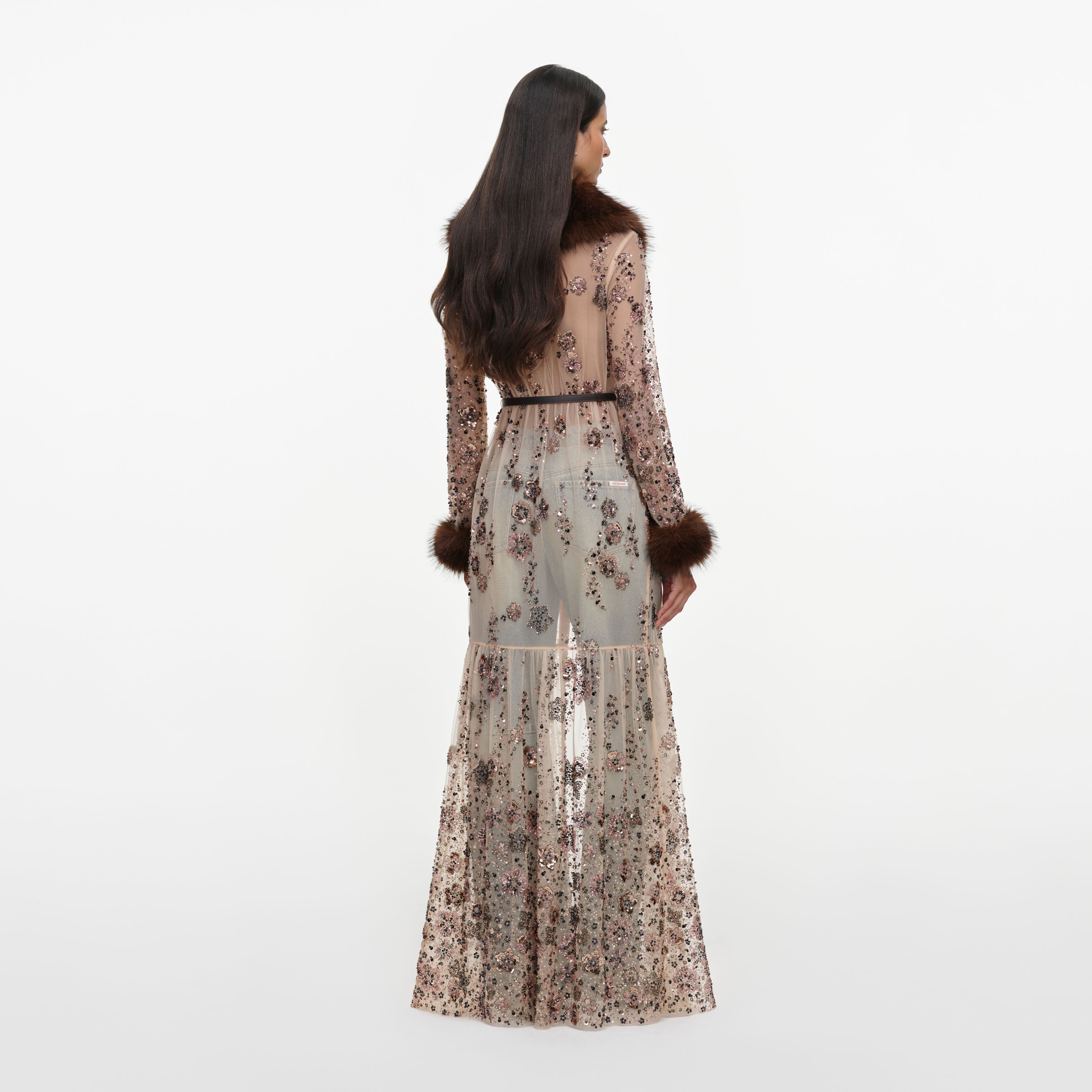 Self Portrait Beige Sequin Fur Maxi Kleid Beige Strass