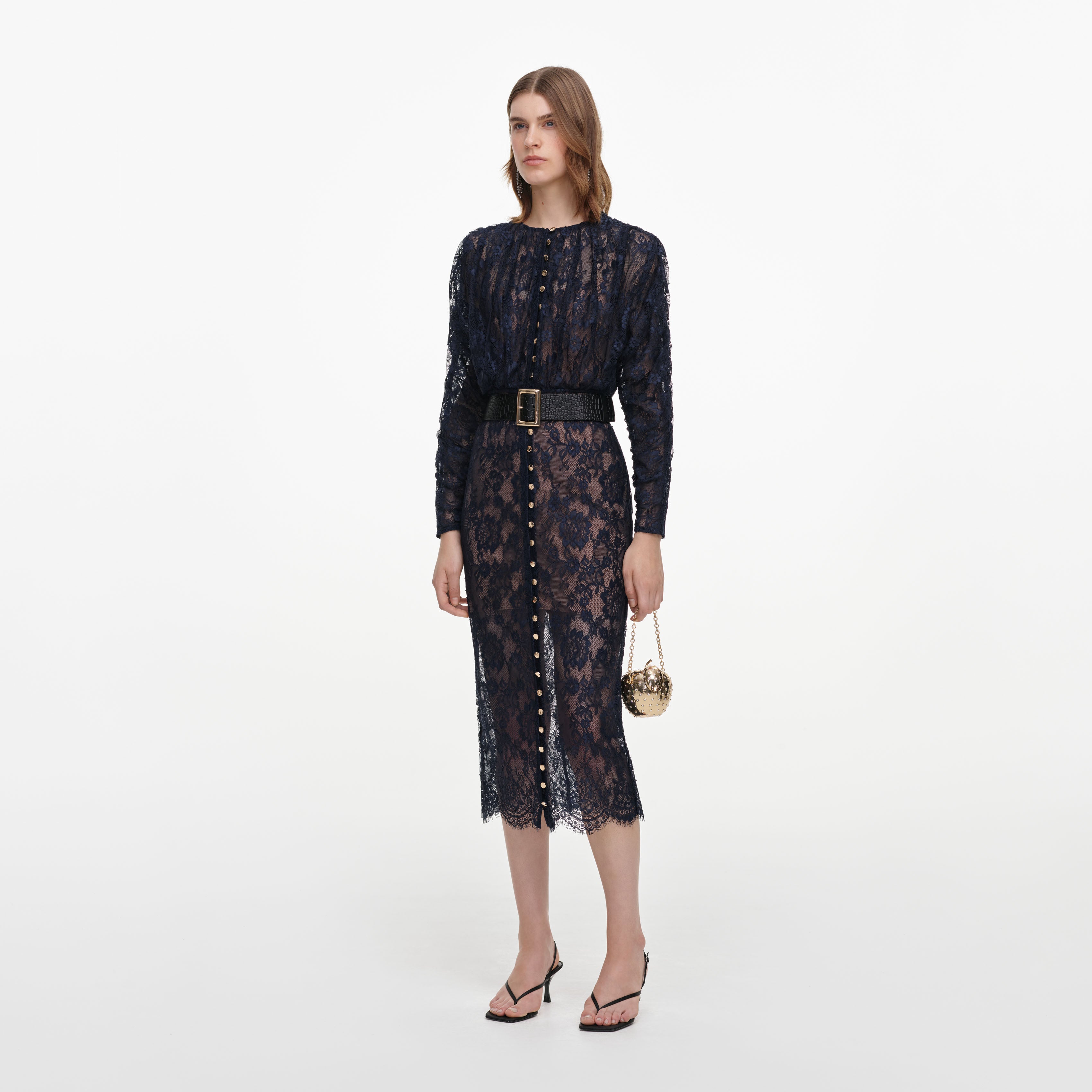 Self Portrait Dresses Navy Lace Button Midi Kleid UK 8 Spitze