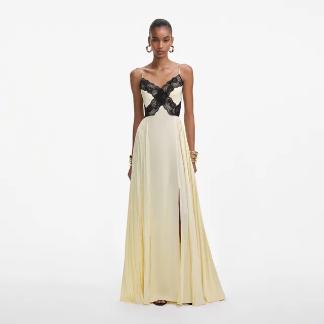 Self Portrait Yellow Satin Lace Maxi Kleid Gelb UK 6