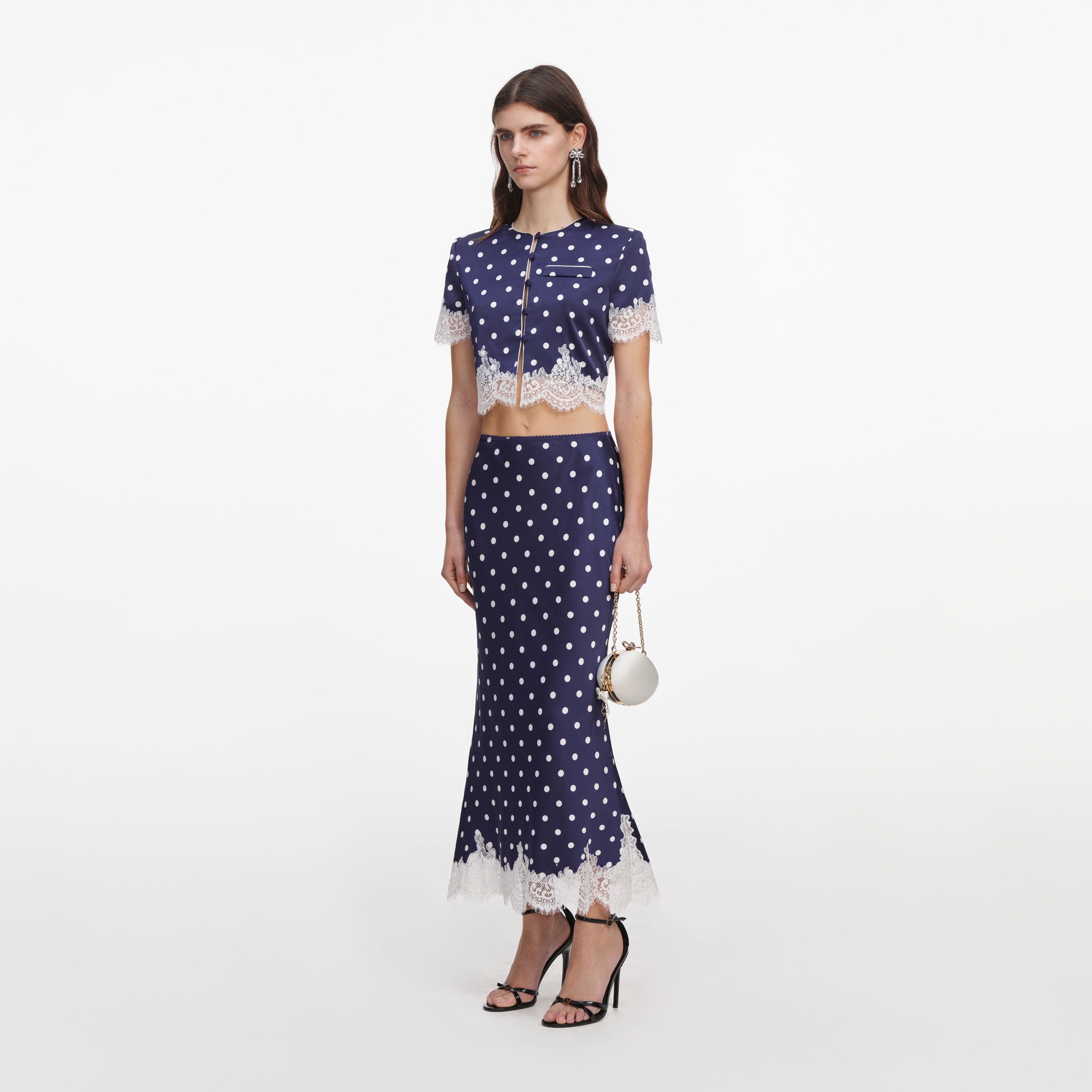 Self Portrait Navy Polka Dot Satin Midirock Navy