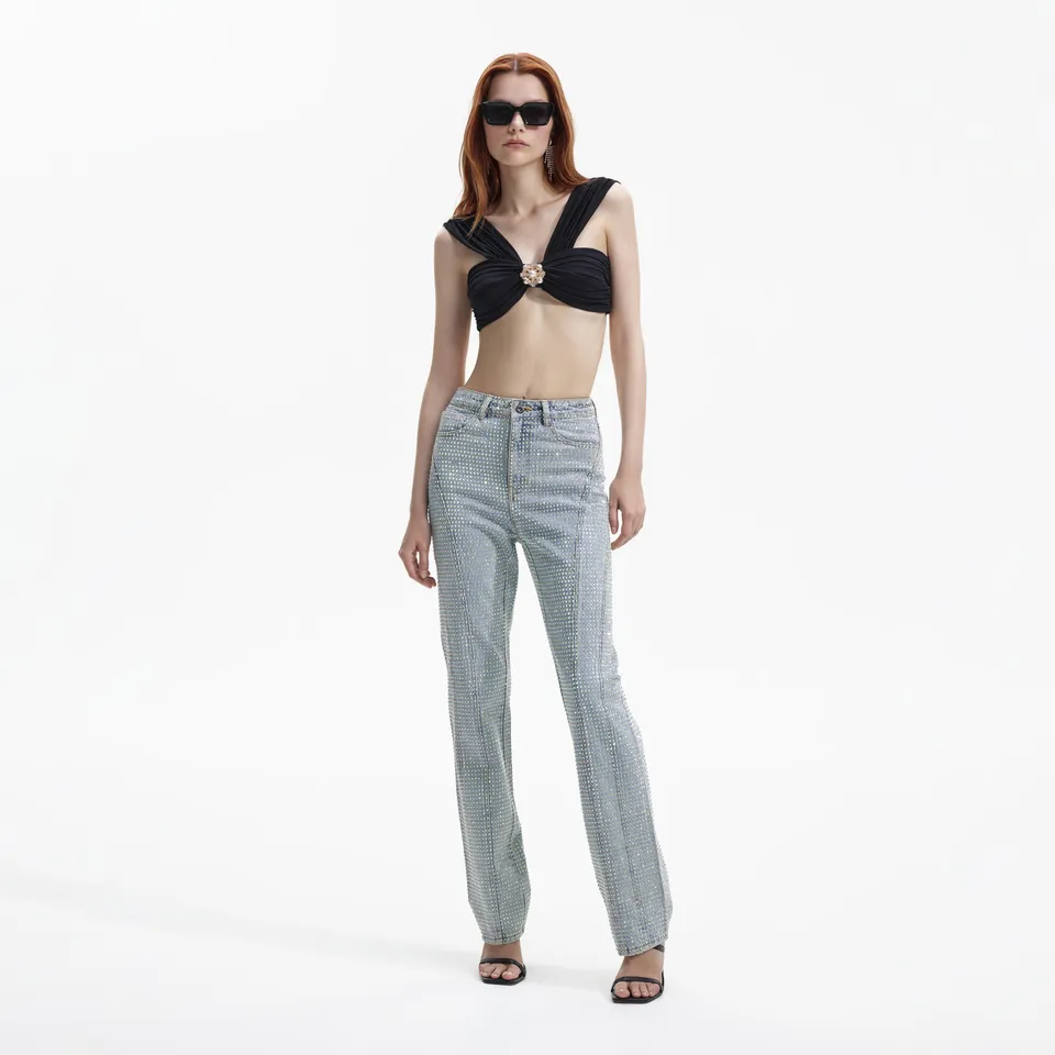 Self Portrait Swim & Resort Bikini Top Schwarz Jersey Brosche