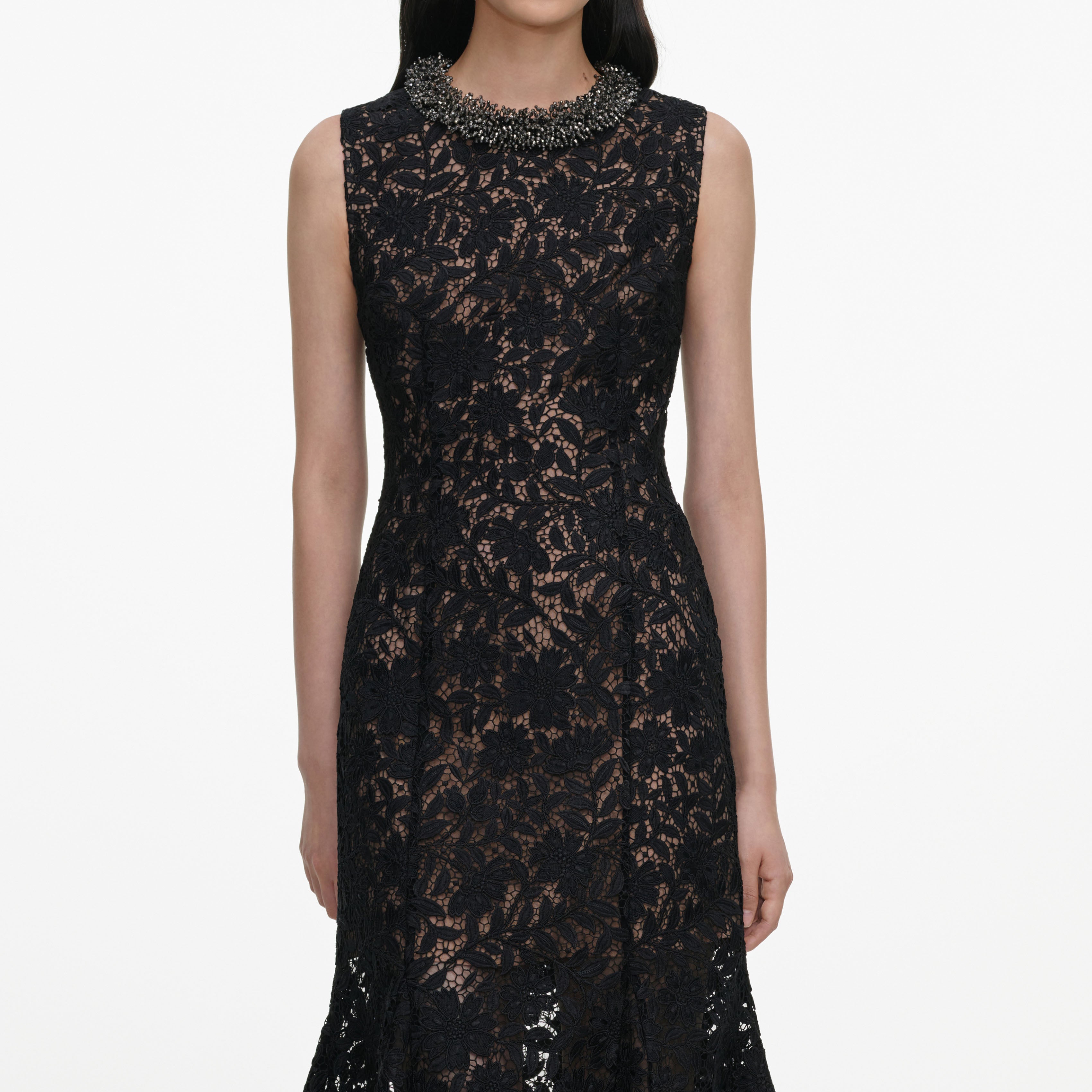 Self Portrait Black Lace Beaded Trim Midikleid Spitze