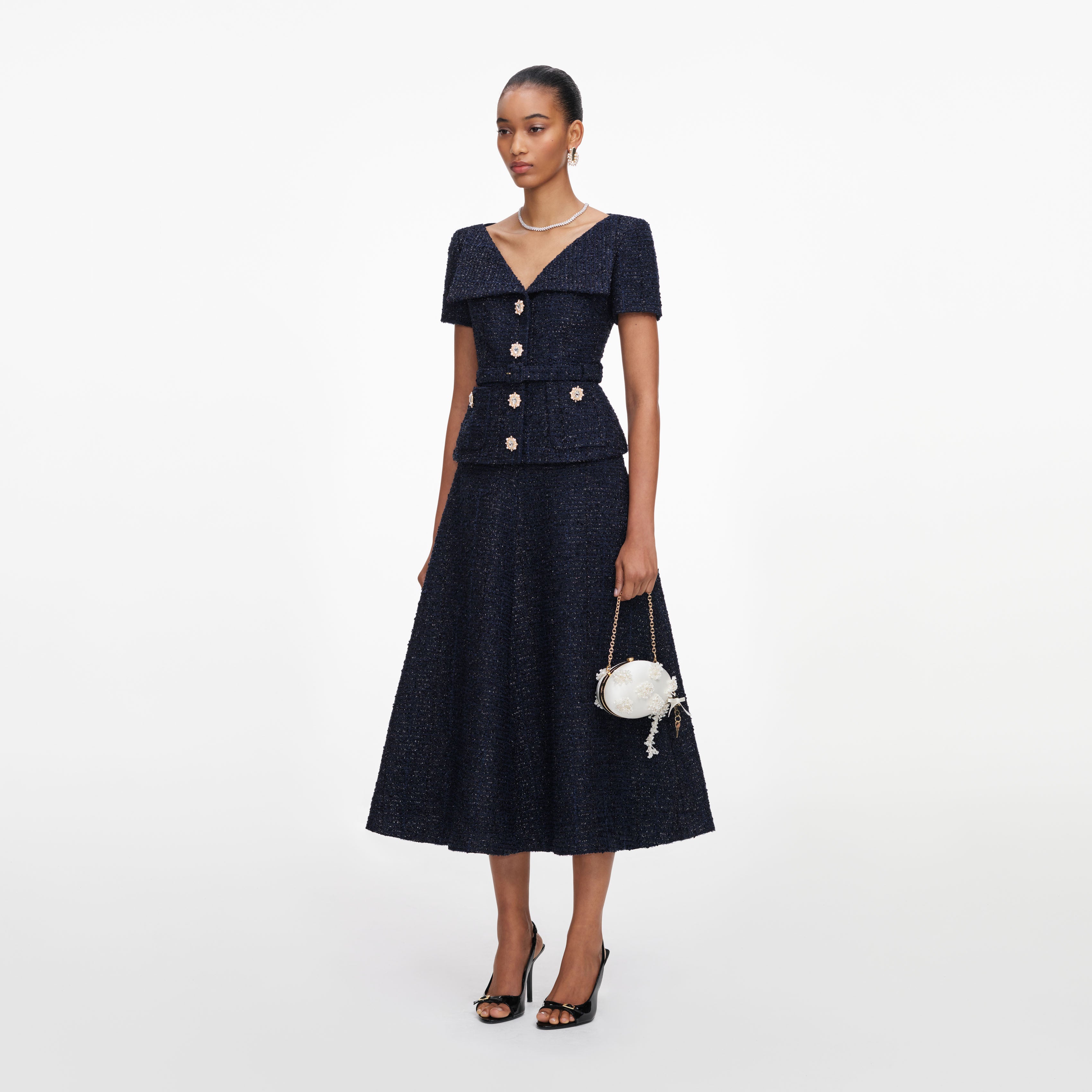Self Portrait Boucle Midikleid Navy Diamante-Knöpfe Taschen