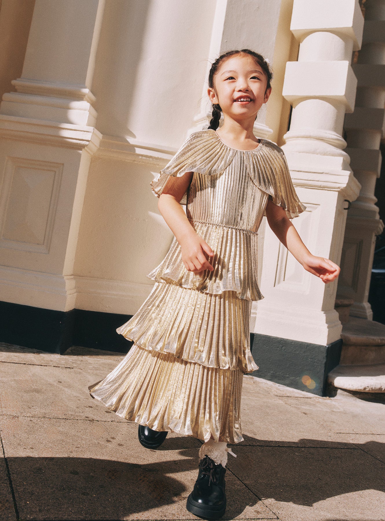 Self Portrait Gold Metallic Tiered Kinderkleid Champagne