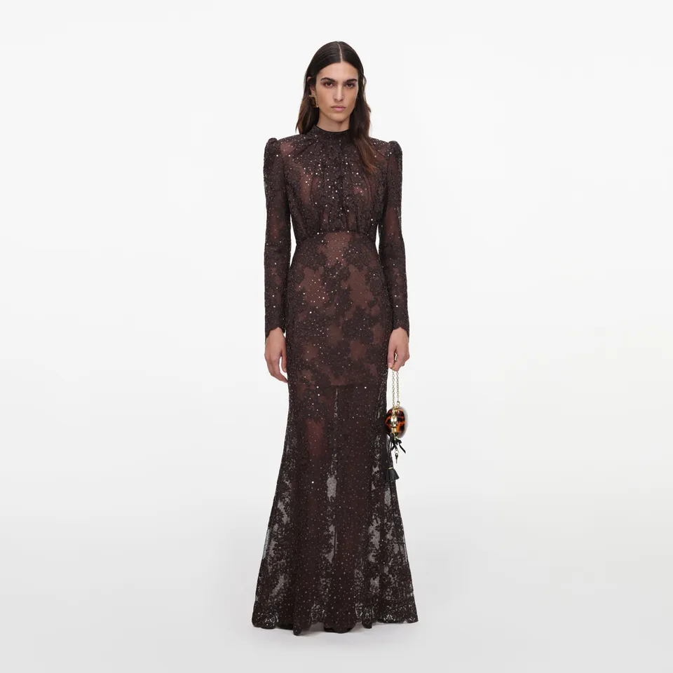 Self Portrait Sequin Lace Maxikleid braun Spitze Pailletten