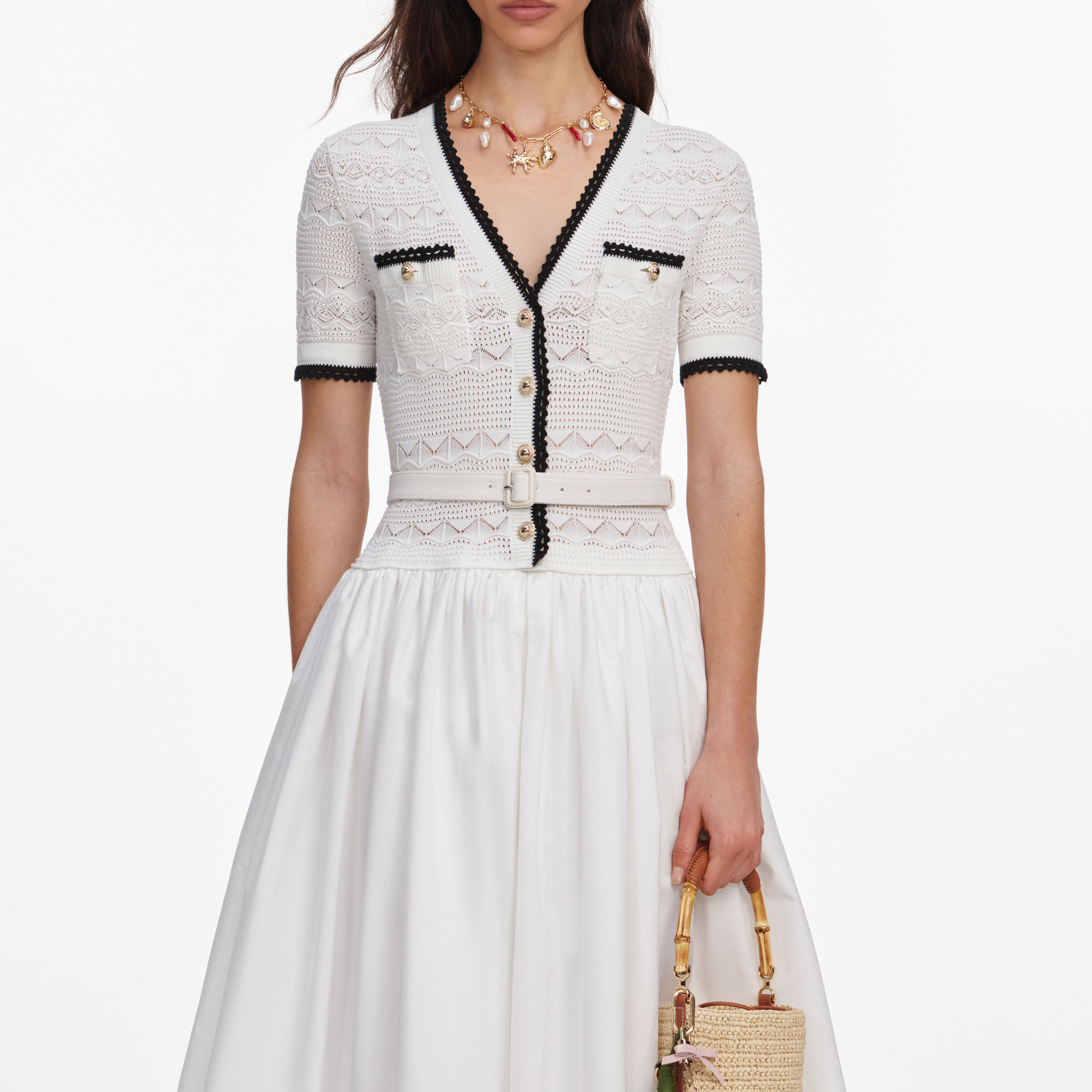 Self Portrait White Knit Linen Midi Kleid Weiß mit Gürtel
