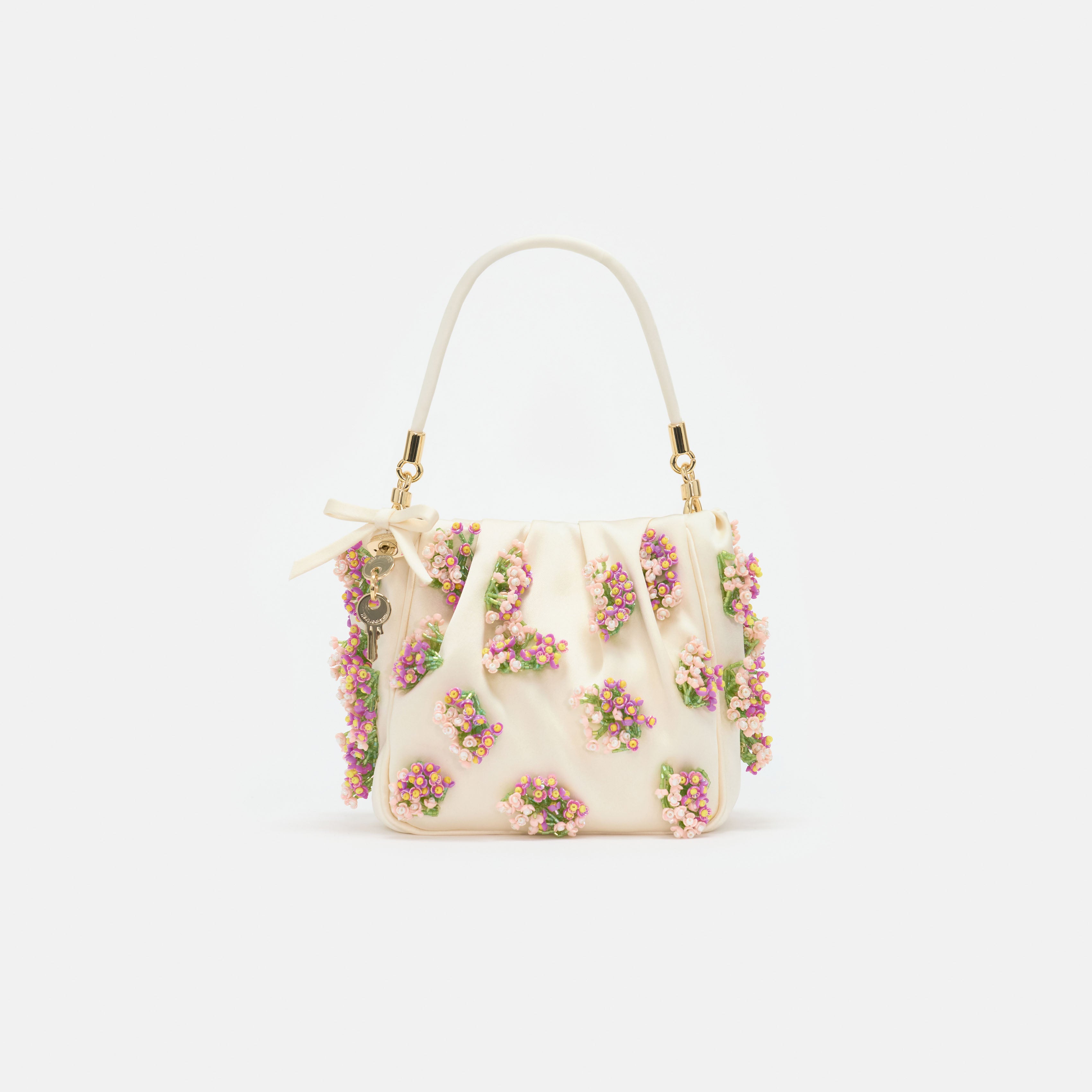 Self Portrait Floral Beaded Tote Bag Satin Creme One Size