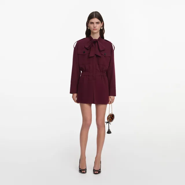 Self Portrait Plum Twill Tie Neck Playsuit Jumpsuit Burgundy