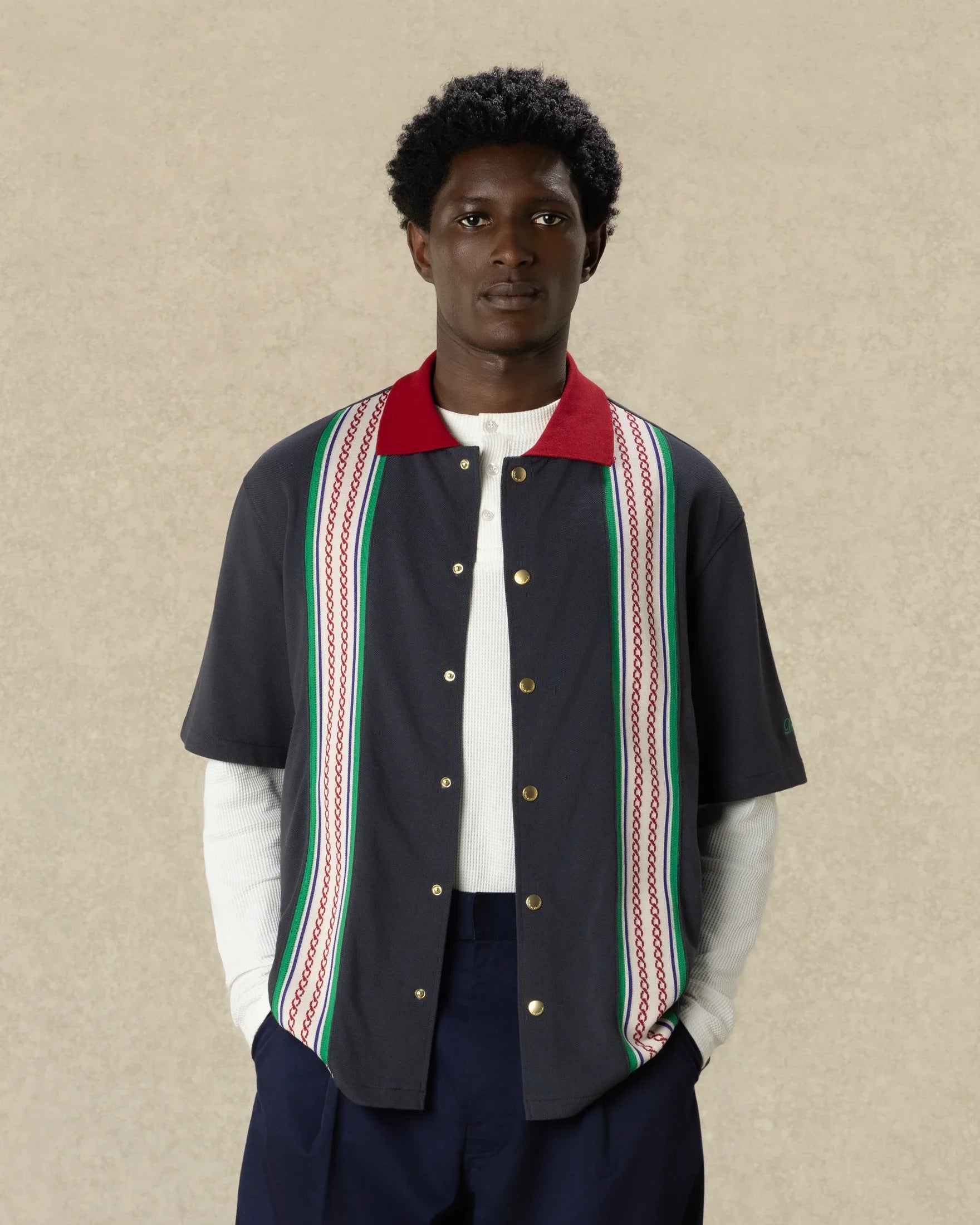 Drôle De Monsieur Stripes Band Piqué Shirt Dunkelgrau Baumwolle