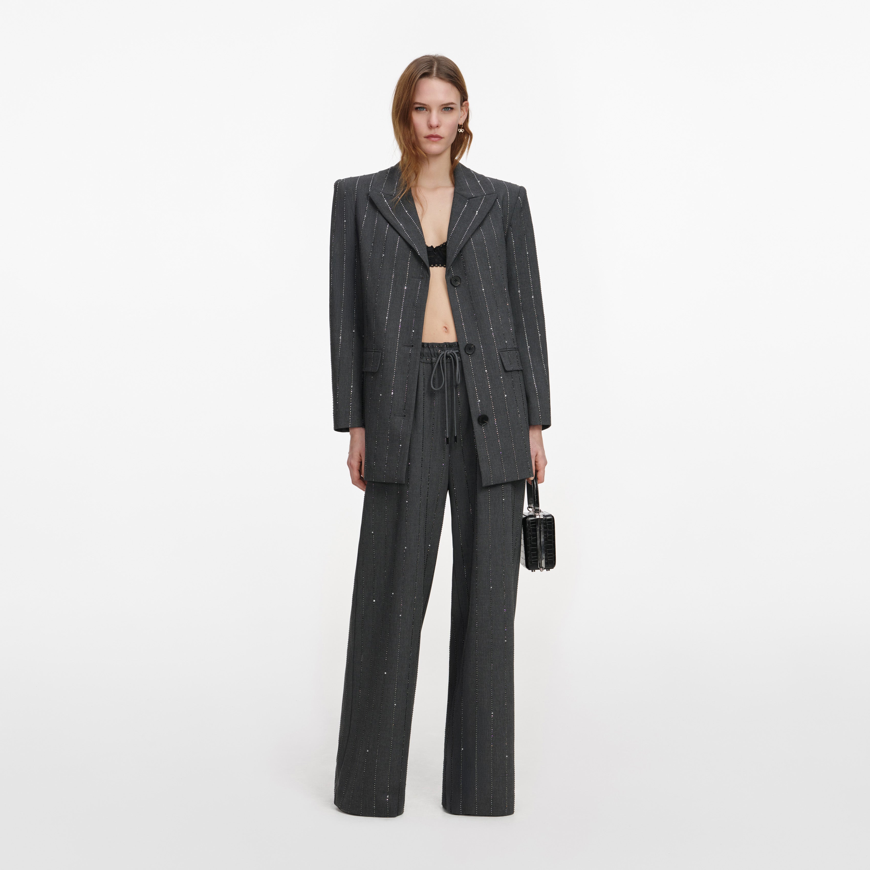 Self Portrait Grey Rhinestone Pinstripe Hose Grau Wolle