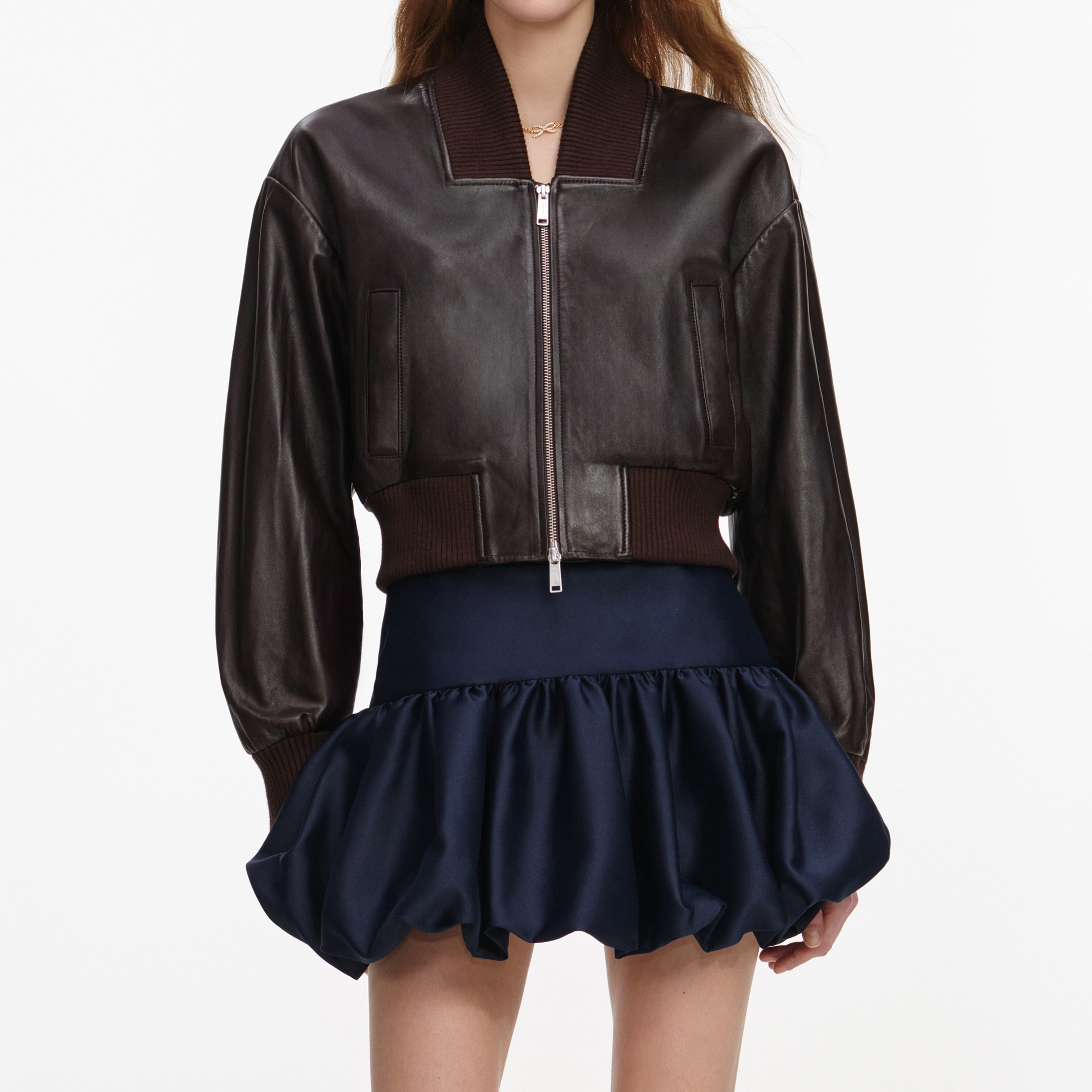 Self Portrait Lederjacke Bomber Braun Cropped Relaxed