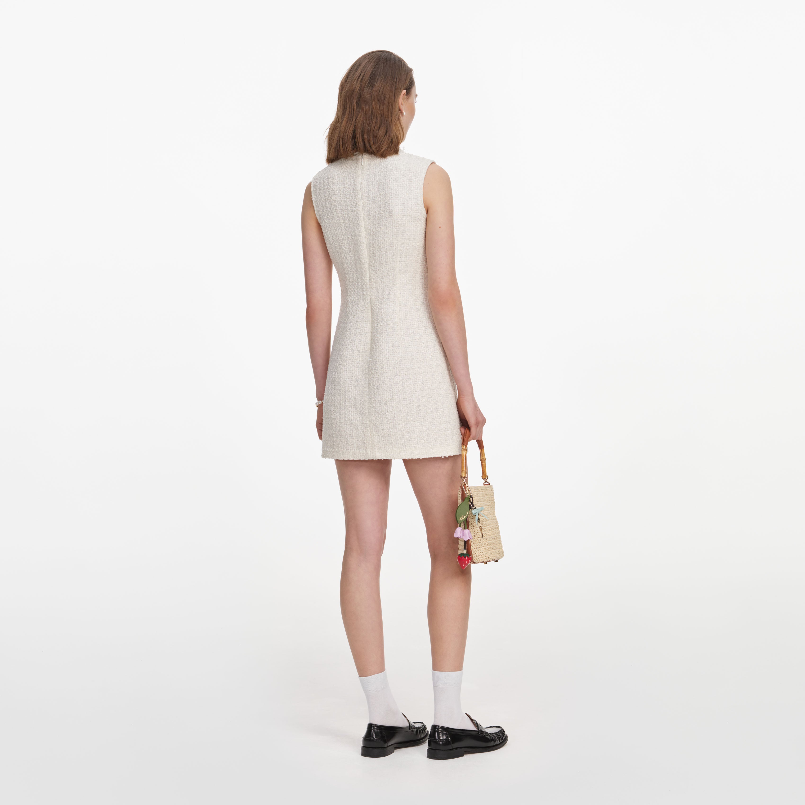Self Portrait Cream Sleeveless Boucle Mini Kleid Creme