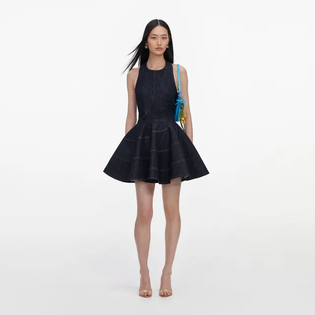 Self Portrait Indigo Denim Mini Kleid Blau Neckholder UK 6